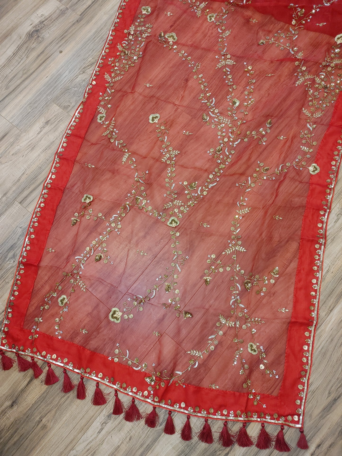 Original Moslin Handmade Karchupri work Saree, Bridal Red