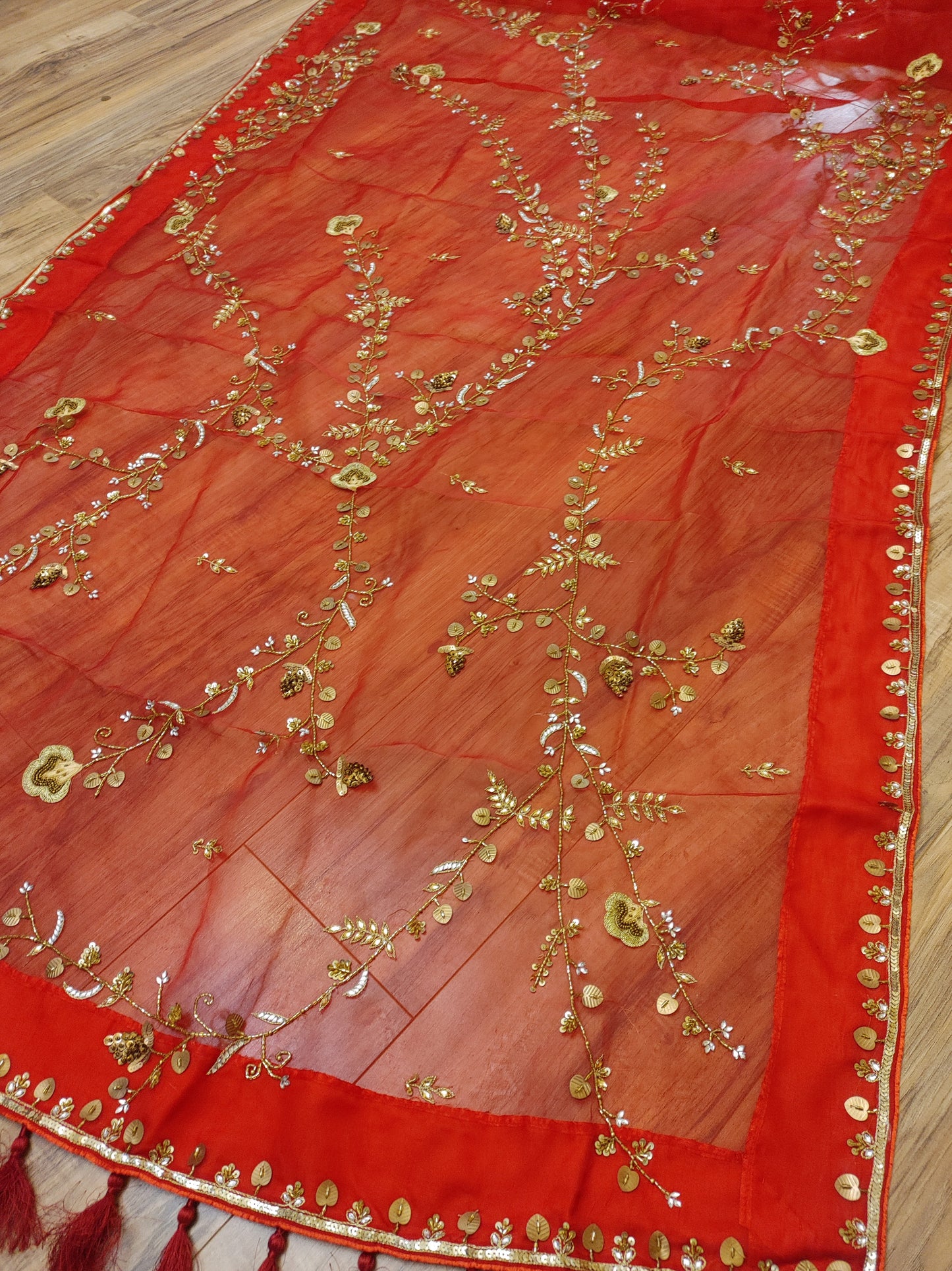 Original Moslin Handmade Karchupri work Saree, Bridal Red