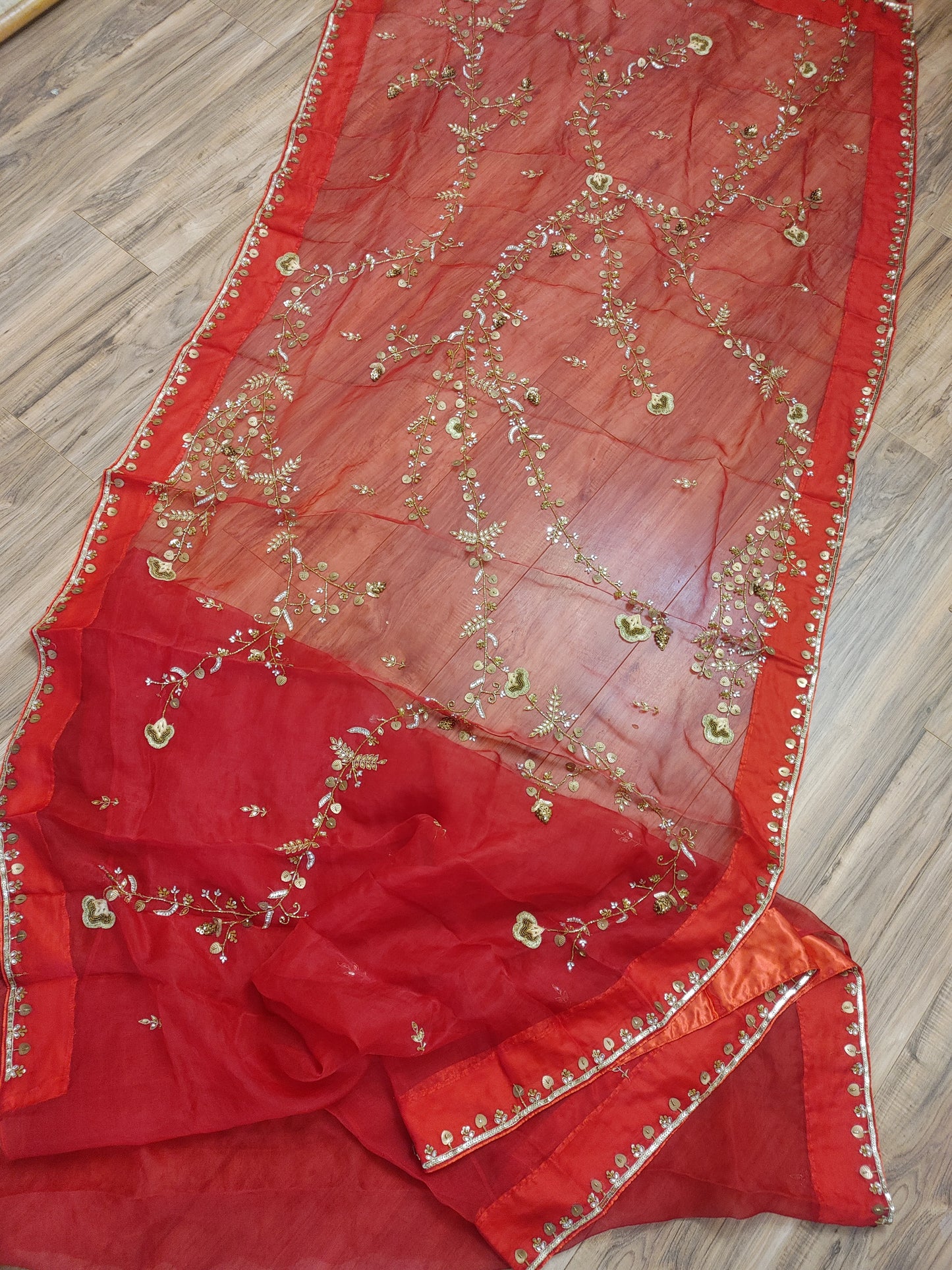 Original Moslin Handmade Karchupri work Saree, Bridal Red