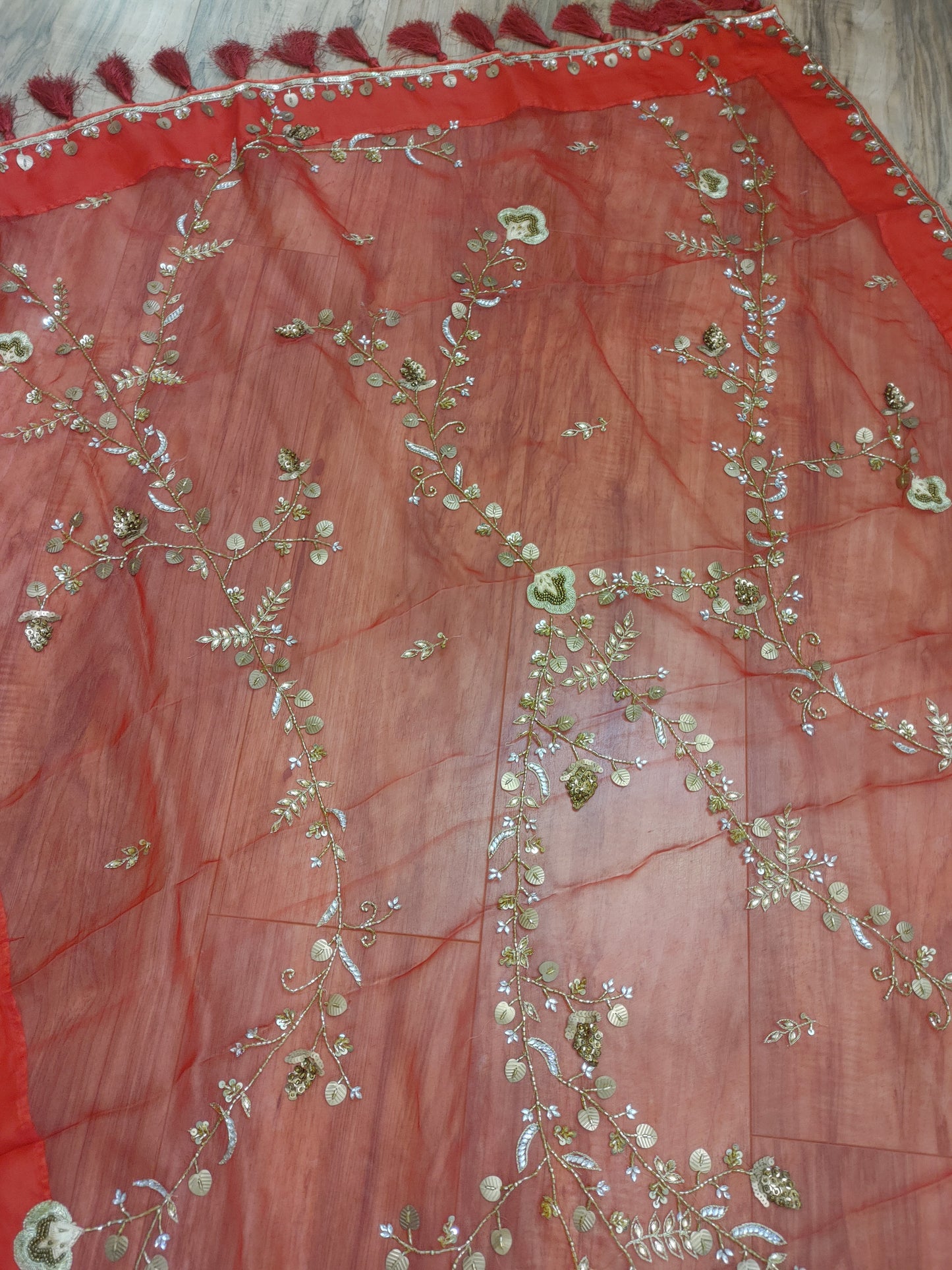Original Moslin Handmade Karchupri work Saree, Bridal Red
