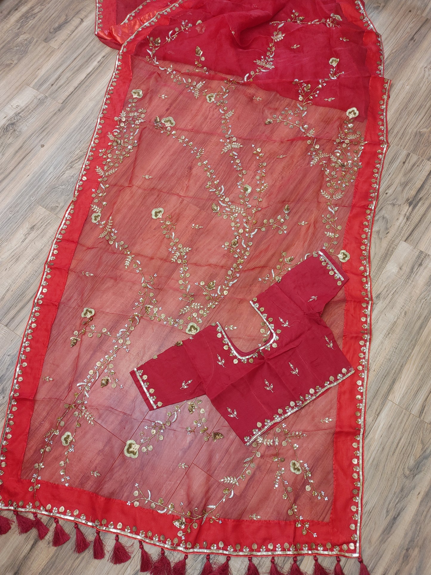 Original Moslin Handmade Karchupri work Saree, Bridal Red