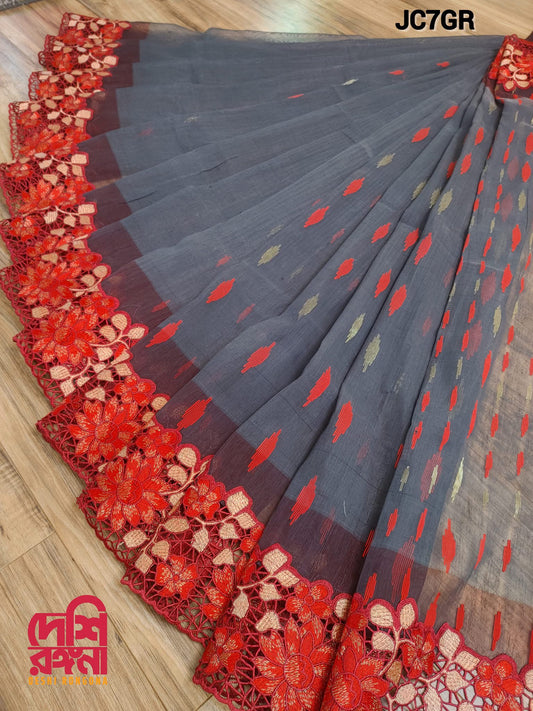 Gray-Red Cutwork Dhakai Jamdani – Halfsilk 64 count