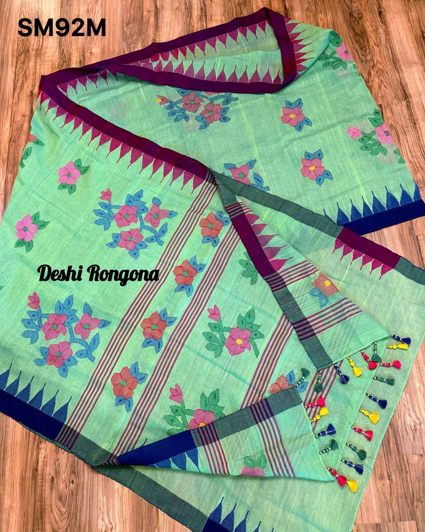 Sylheti Monipuri Saree, Mint with Purple/Blue Border