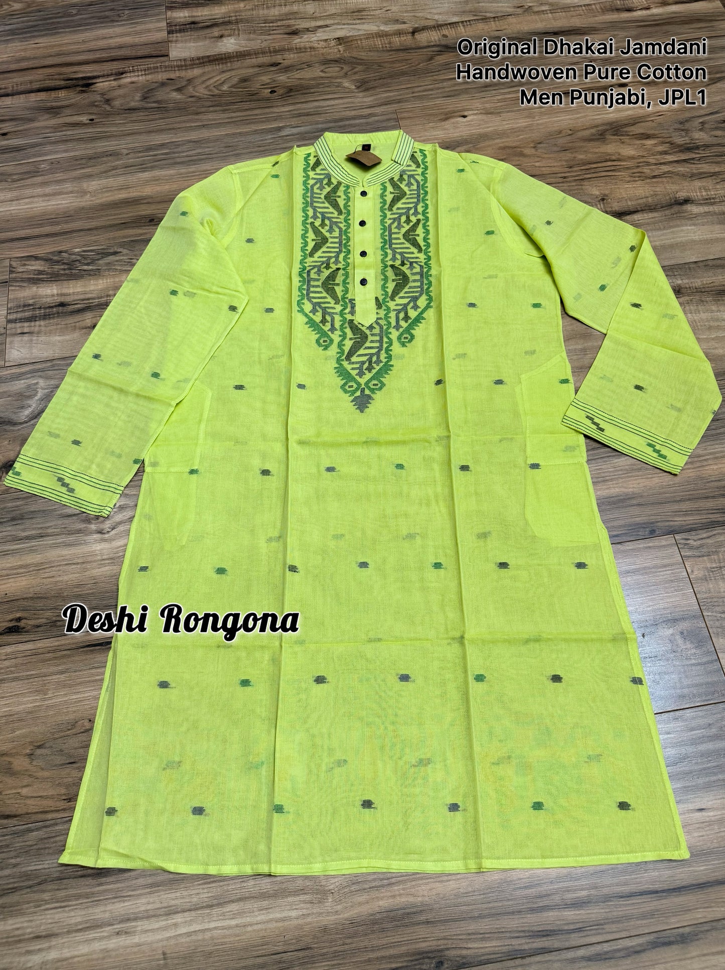 Original Dhakai Jamdani Punjabi, Handwoven Pure Cotton, Lime Color