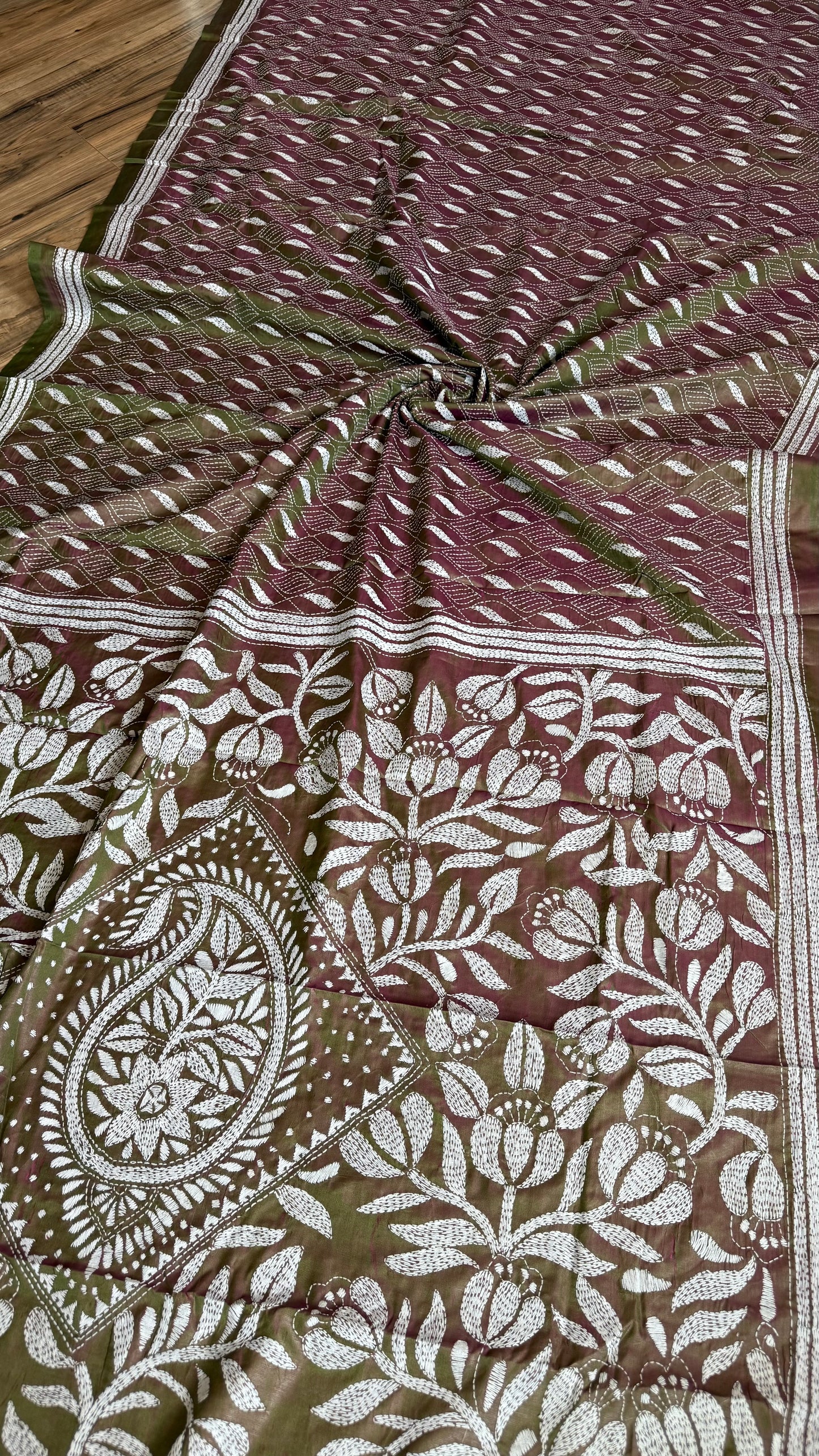 Duel Tone Olive Bangalore Silk Kantha Saree