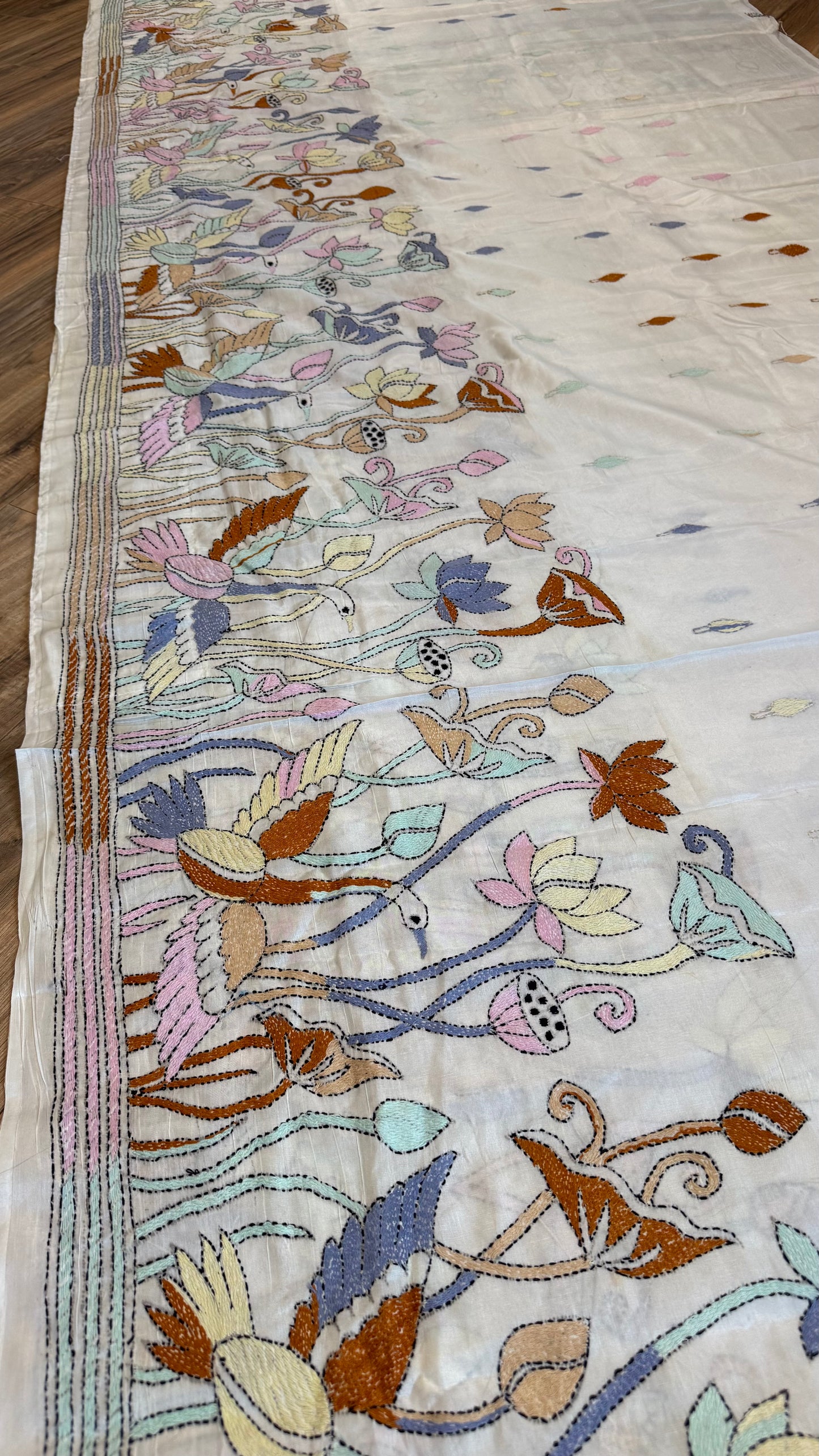 Bangalore Silk Kantha Saree- Heron theme