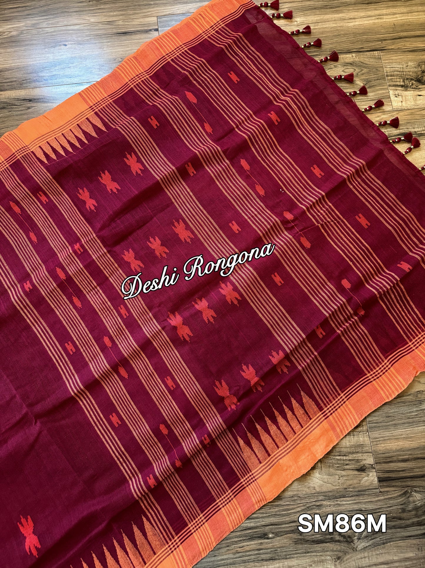 Monipuri Cotton saree, Maroon and Orange