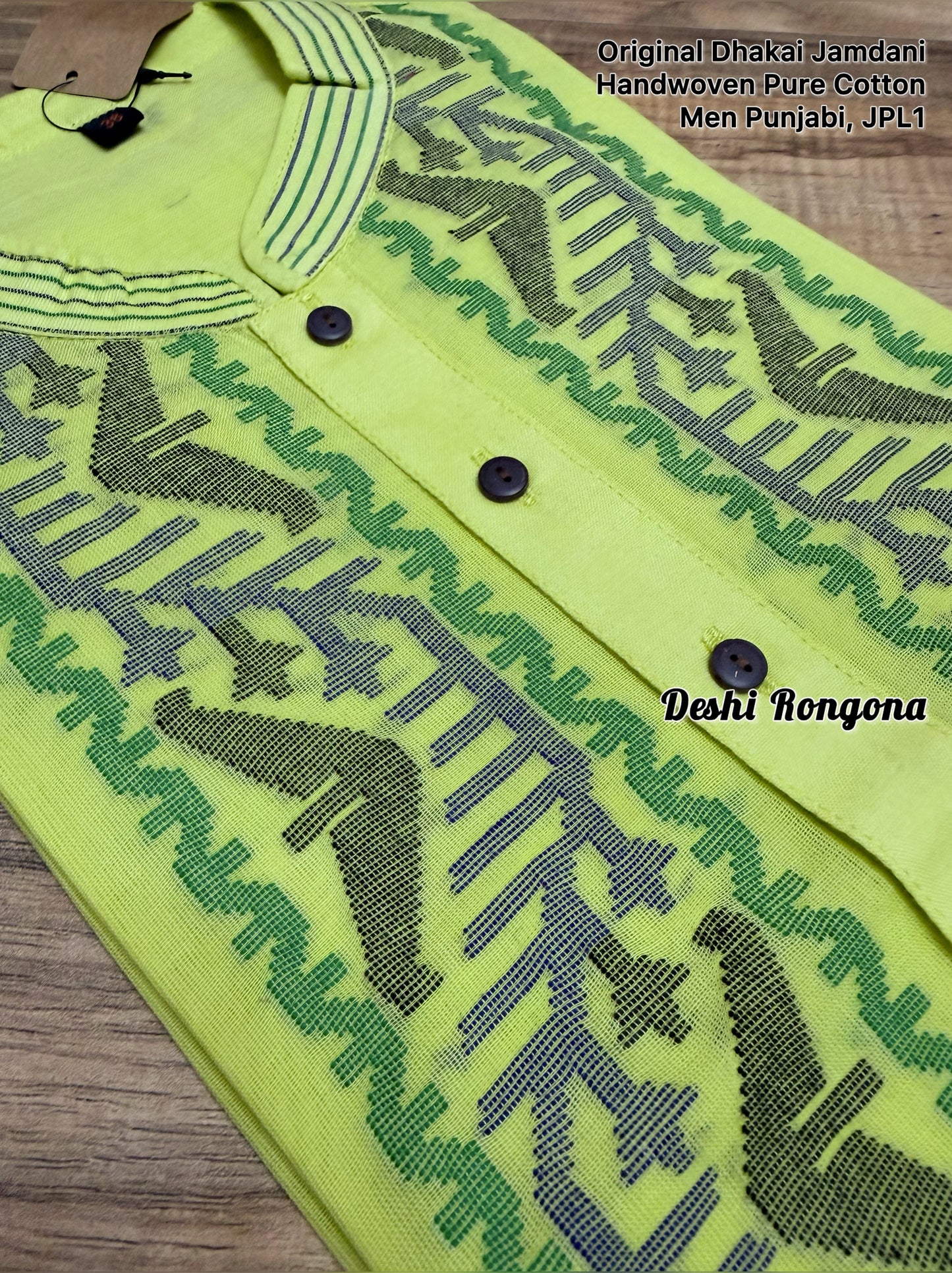 Original Dhakai Jamdani Punjabi, Handwoven Pure Cotton, Lime Color