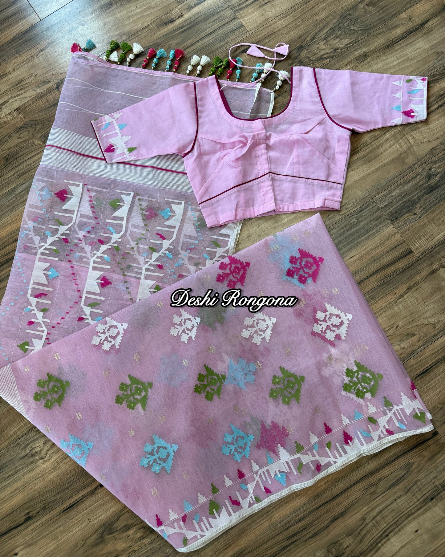 Handwoven Dhakai Jamdani Saree – Baby Pink Halfsilk