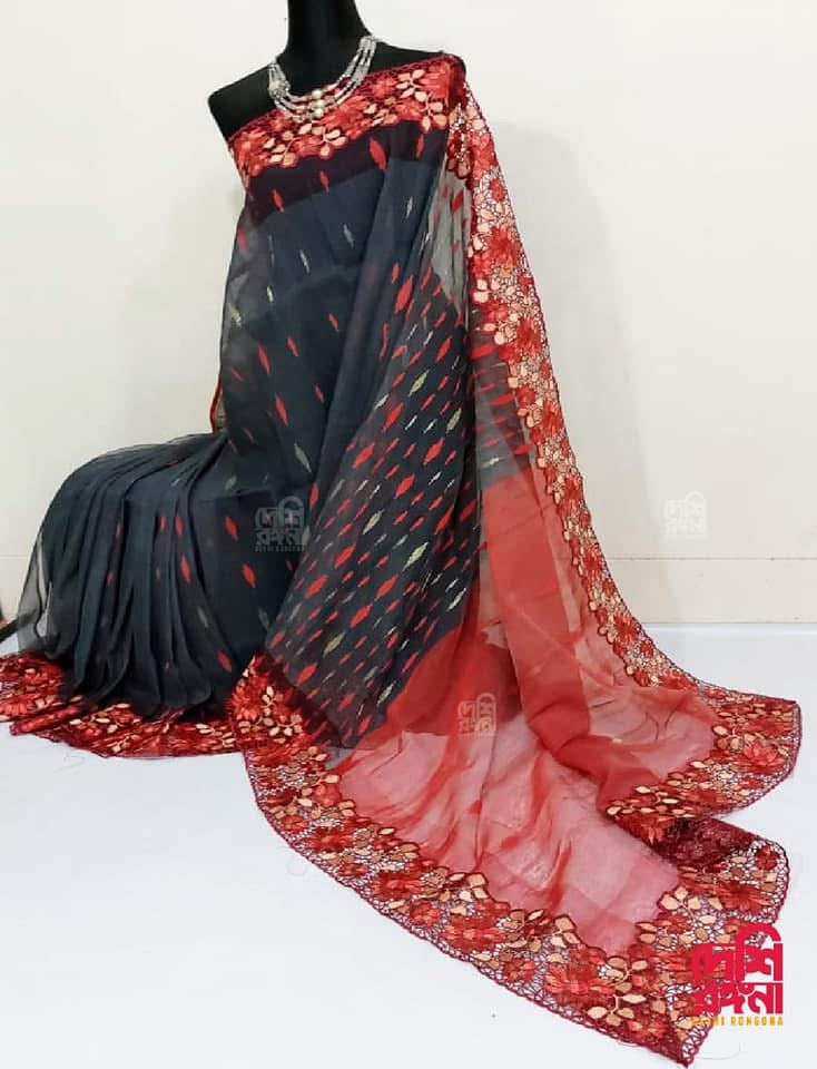 Gray-Red Cutwork Dhakai Jamdani – Halfsilk 64 count
