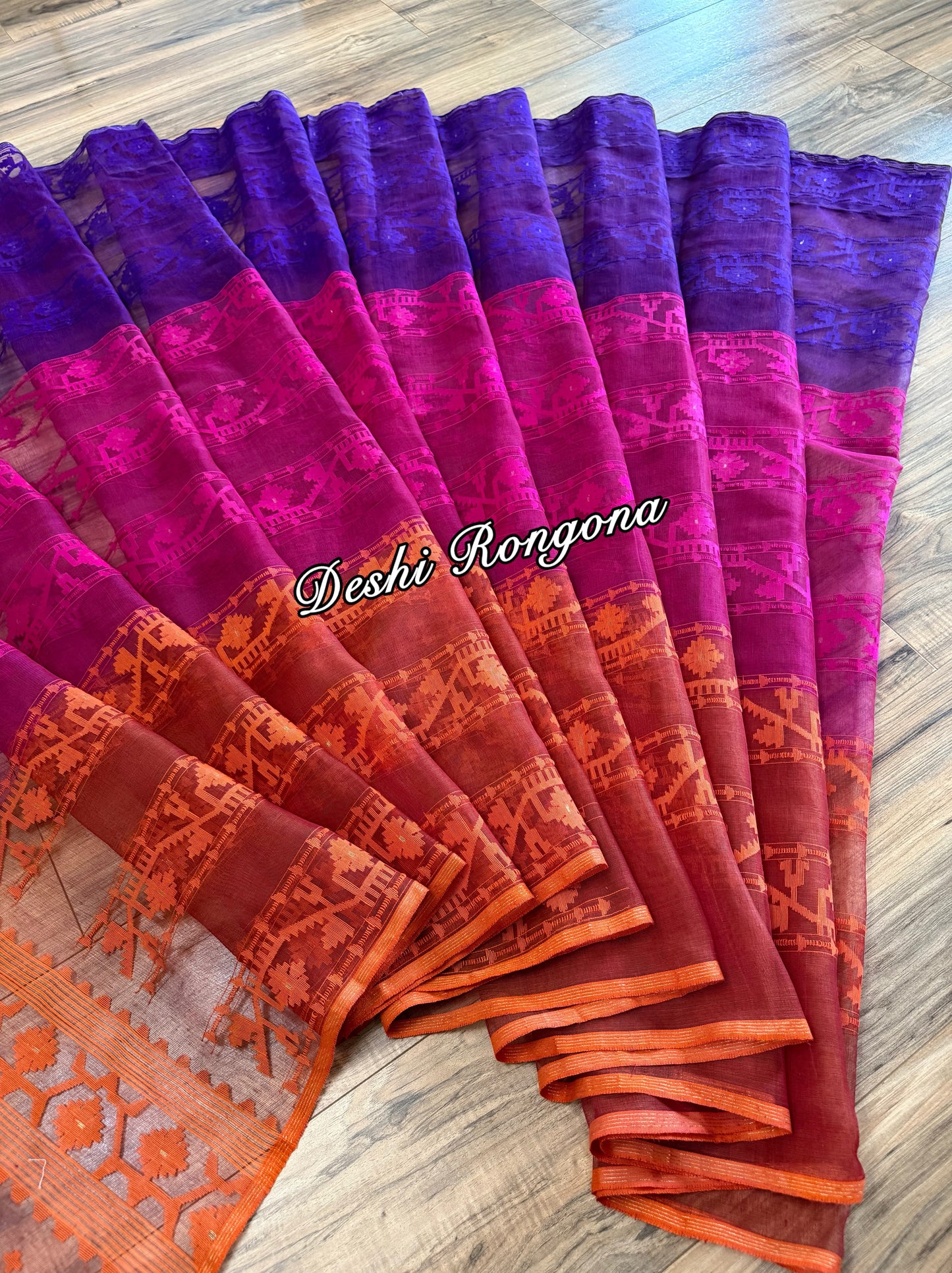 Elegant Magenta Orange Purple Dhakai Jamdani Saree - Handloom Classic