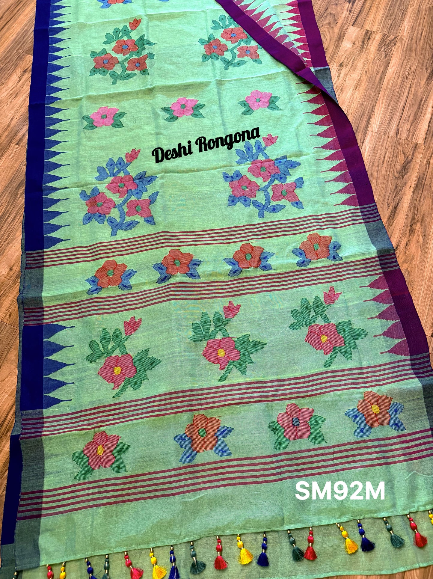 Sylheti Monipuri Saree, Mint with Purple/Blue Border