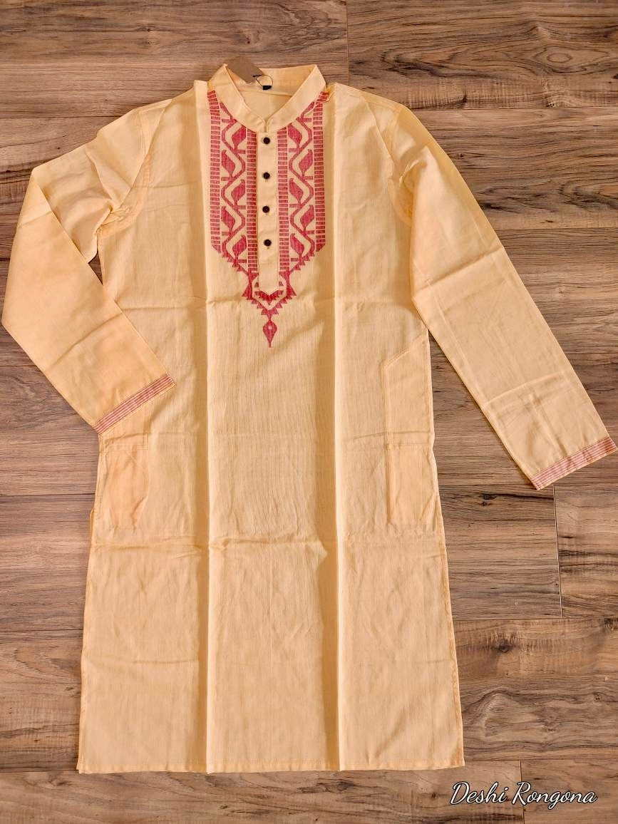Origina Dhakai Jamdani Men Punjabi-Peach Color, Bangladeshi