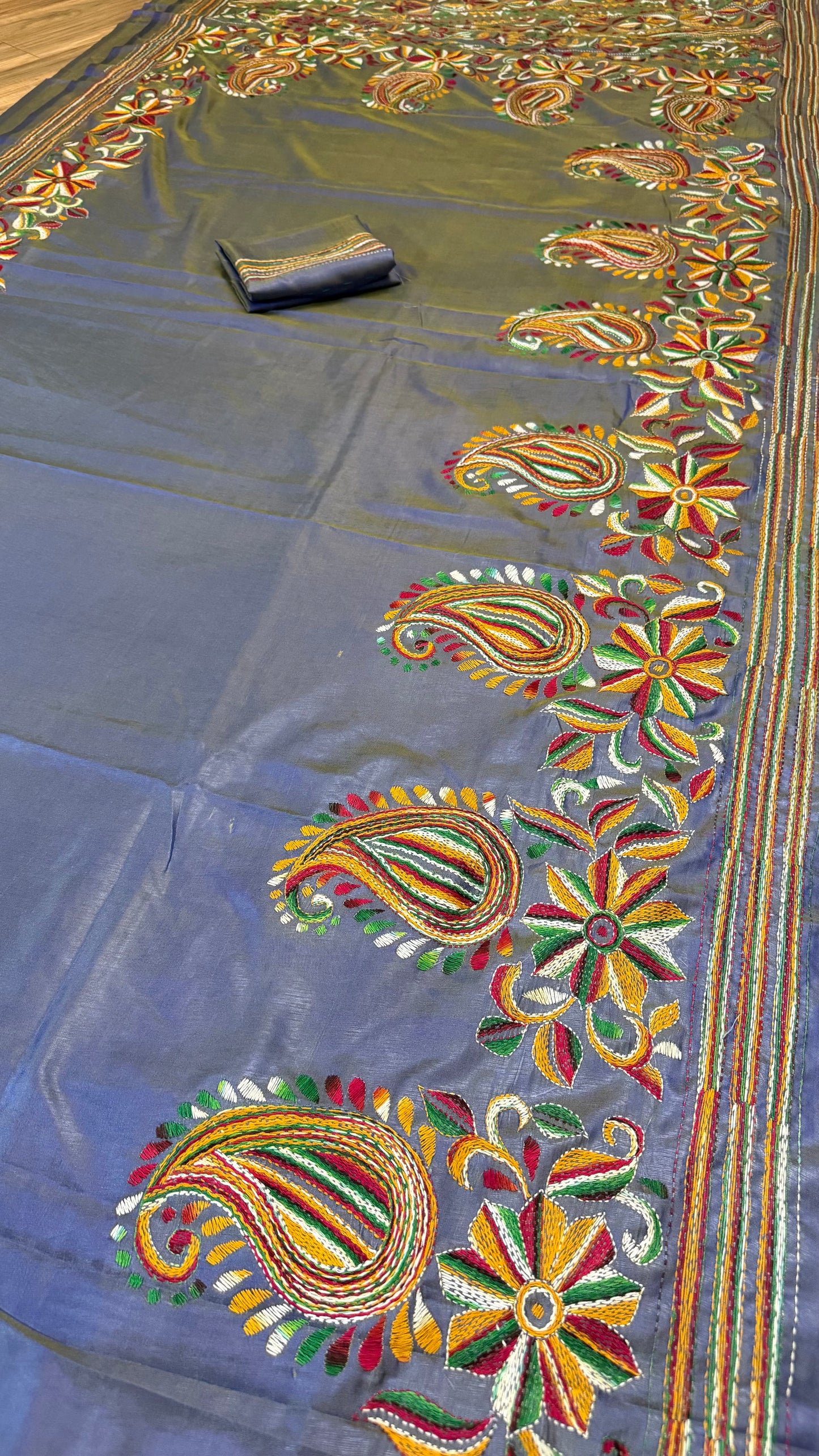 Gray Bangalore Silk Kantha Saree