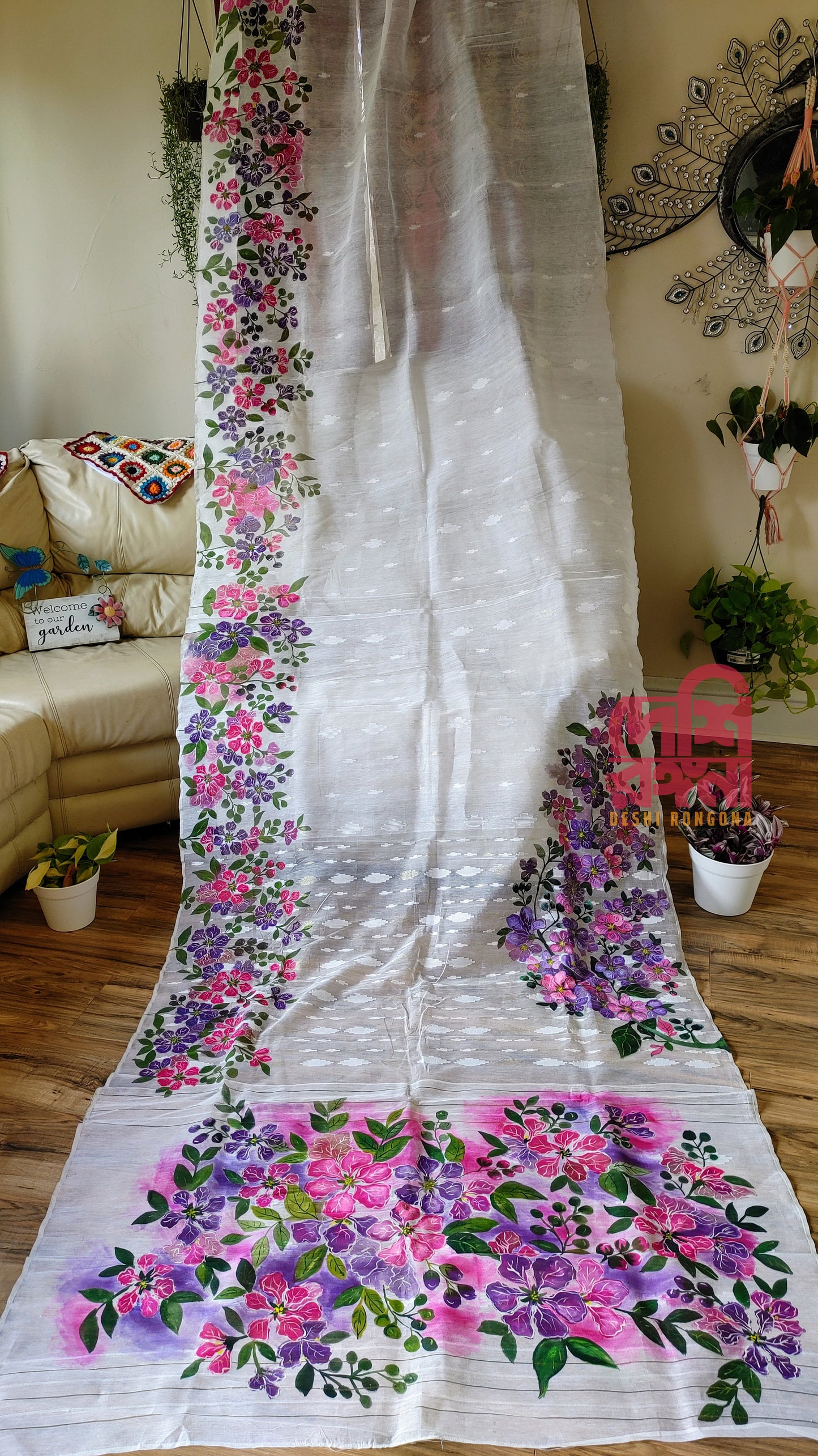 Handpainted Jamdani, Original Dhakai Saree | Queens Crepe Myrtle Flower Theme