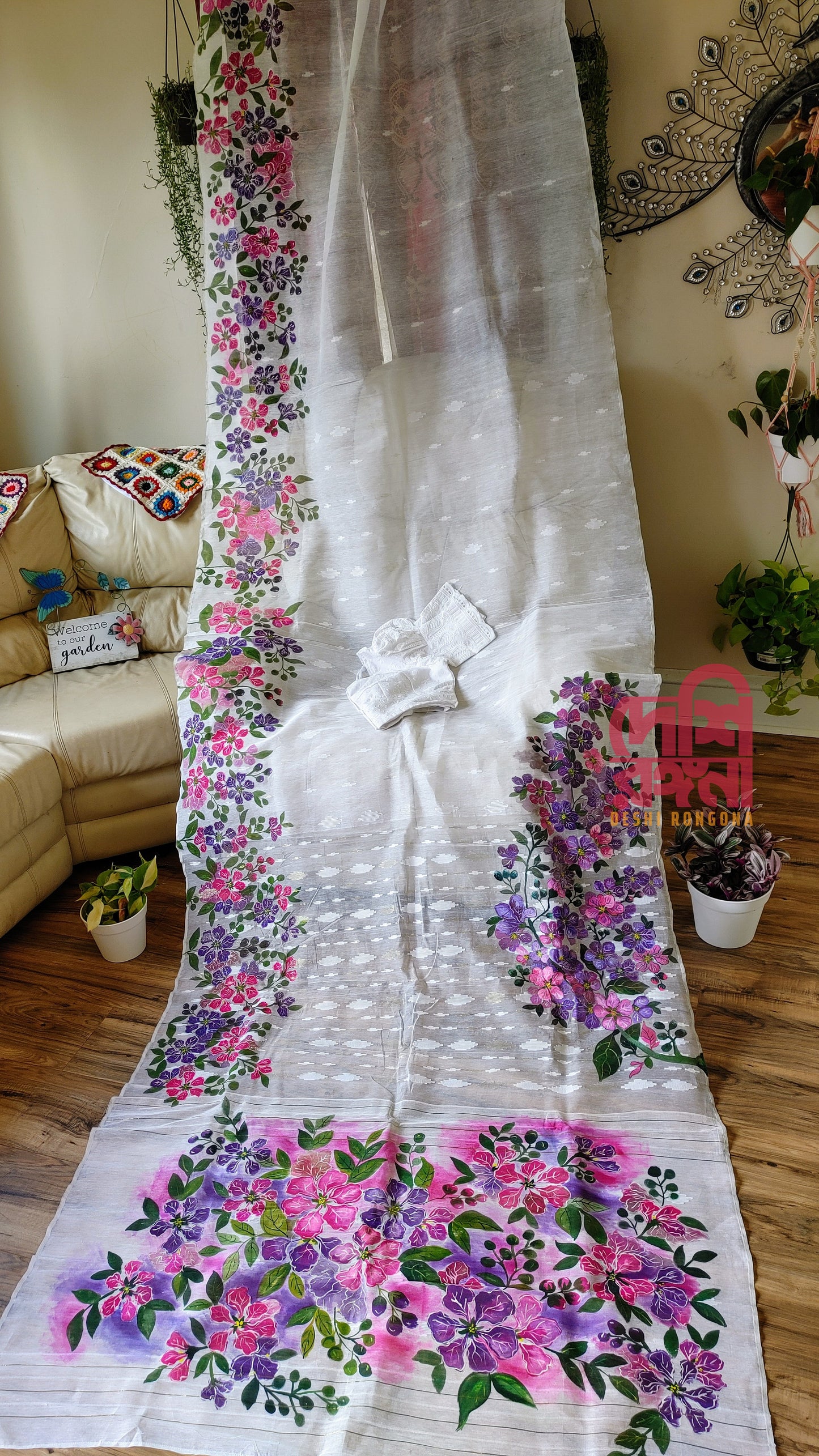 Handpainted Jamdani, Original Dhakai Saree | Queens Crepe Myrtle Flower Theme