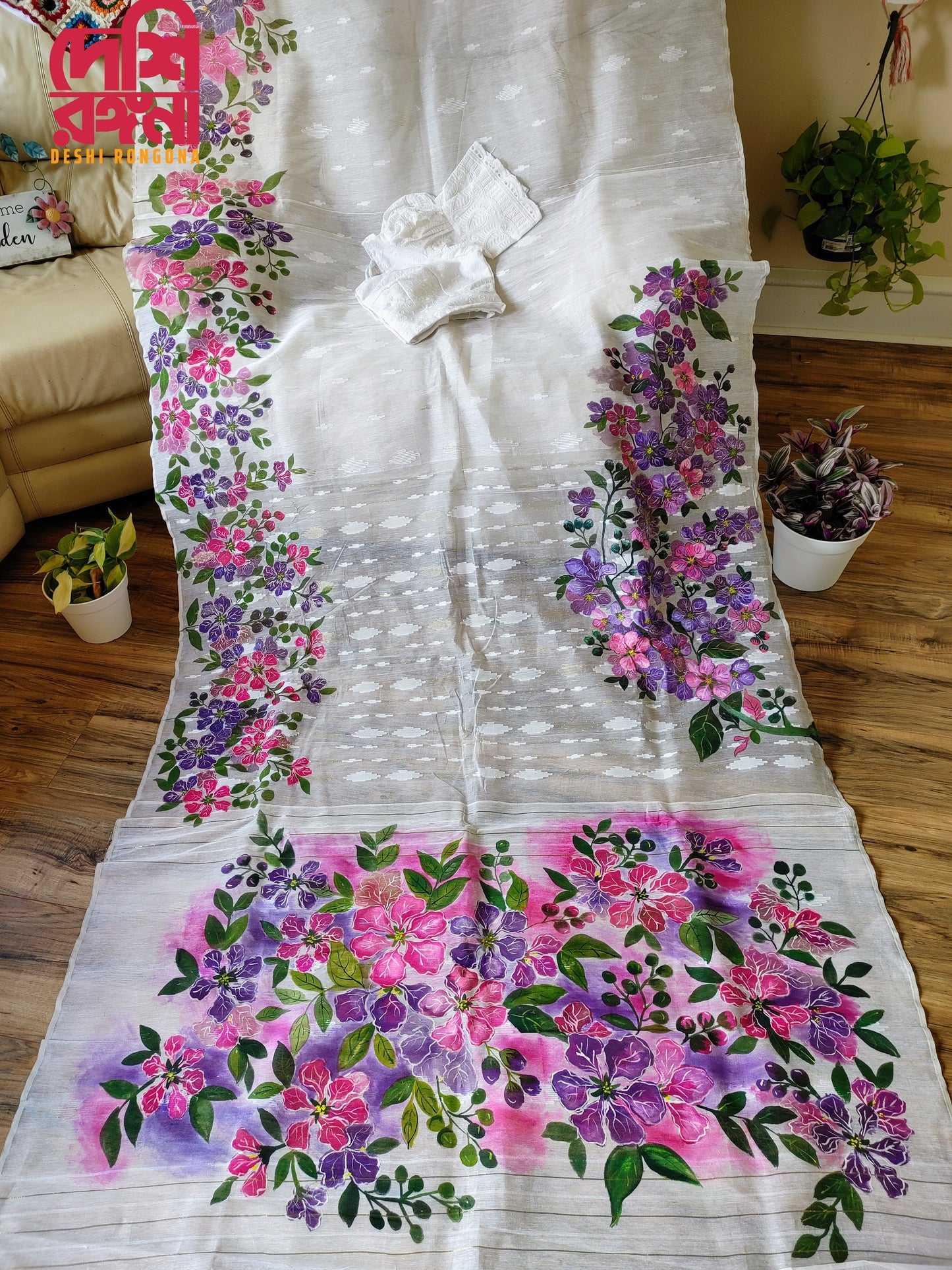 Handpainted Jamdani, Original Dhakai Saree | Queens Crepe Myrtle Flower Theme