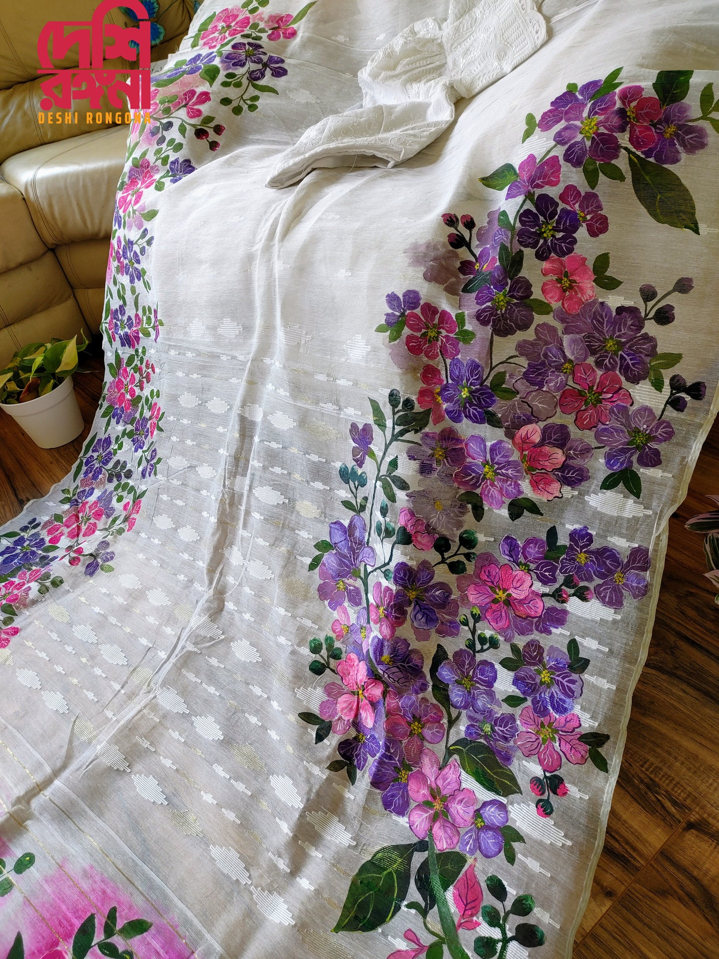 Handpainted Jamdani, Original Dhakai Saree | Queens Crepe Myrtle Flower Theme