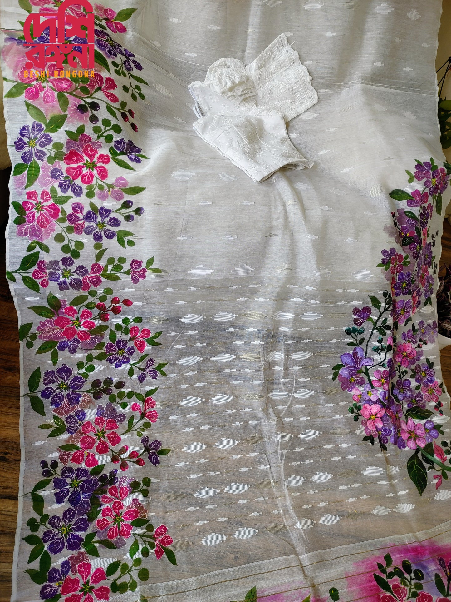 Handpainted Jamdani, Original Dhakai Saree | Queens Crepe Myrtle Flower Theme