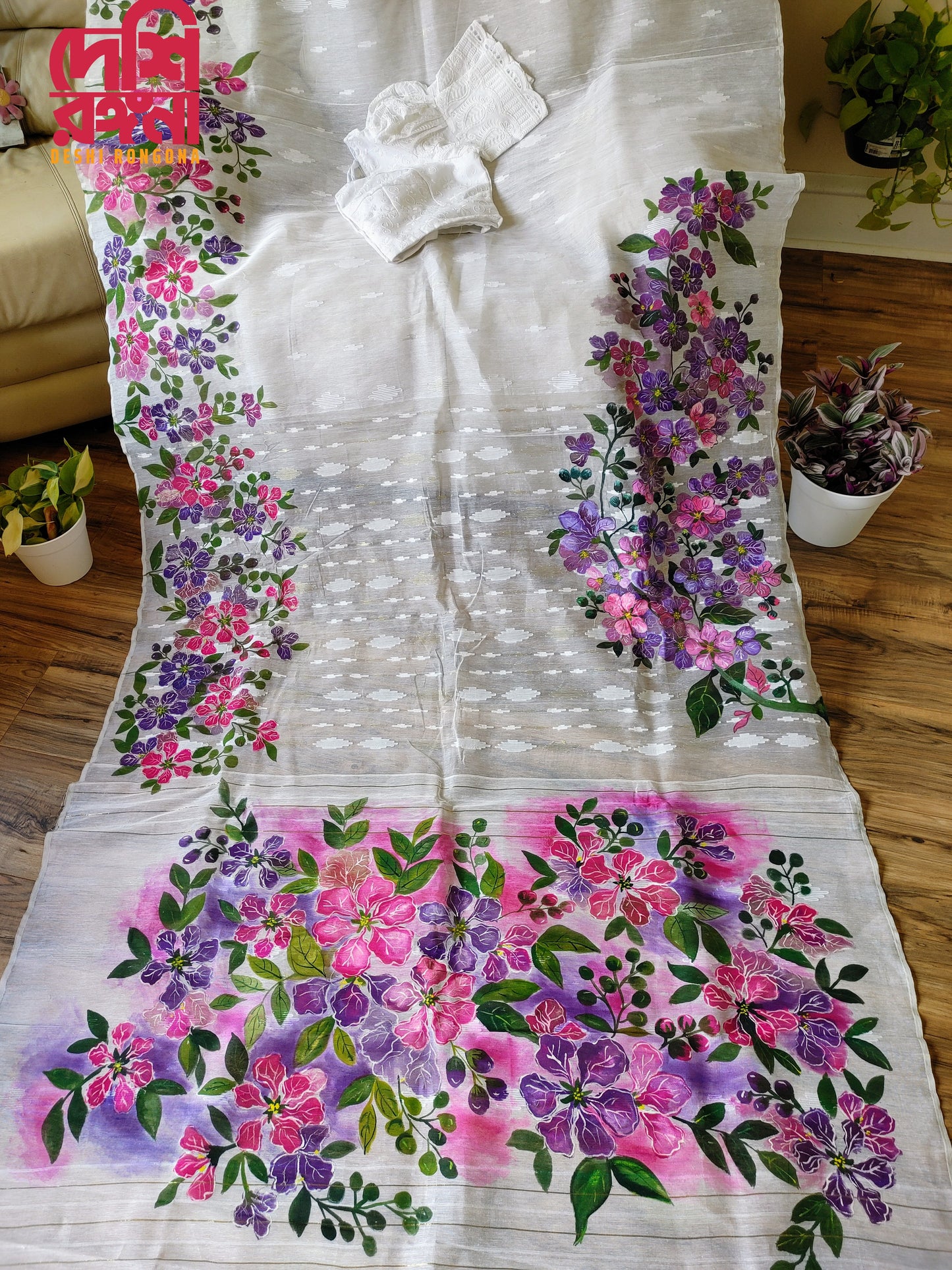 Handpainted Jamdani, Original Dhakai Saree | Queens Crepe Myrtle Flower Theme