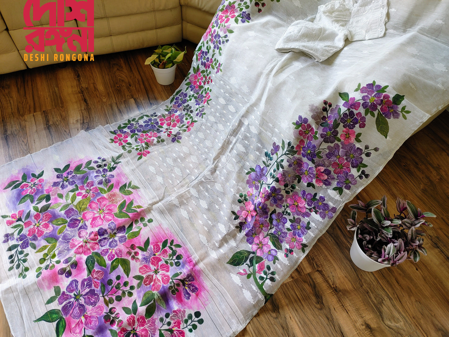 Handpainted Jamdani, Original Dhakai Saree | Queens Crepe Myrtle Flower Theme