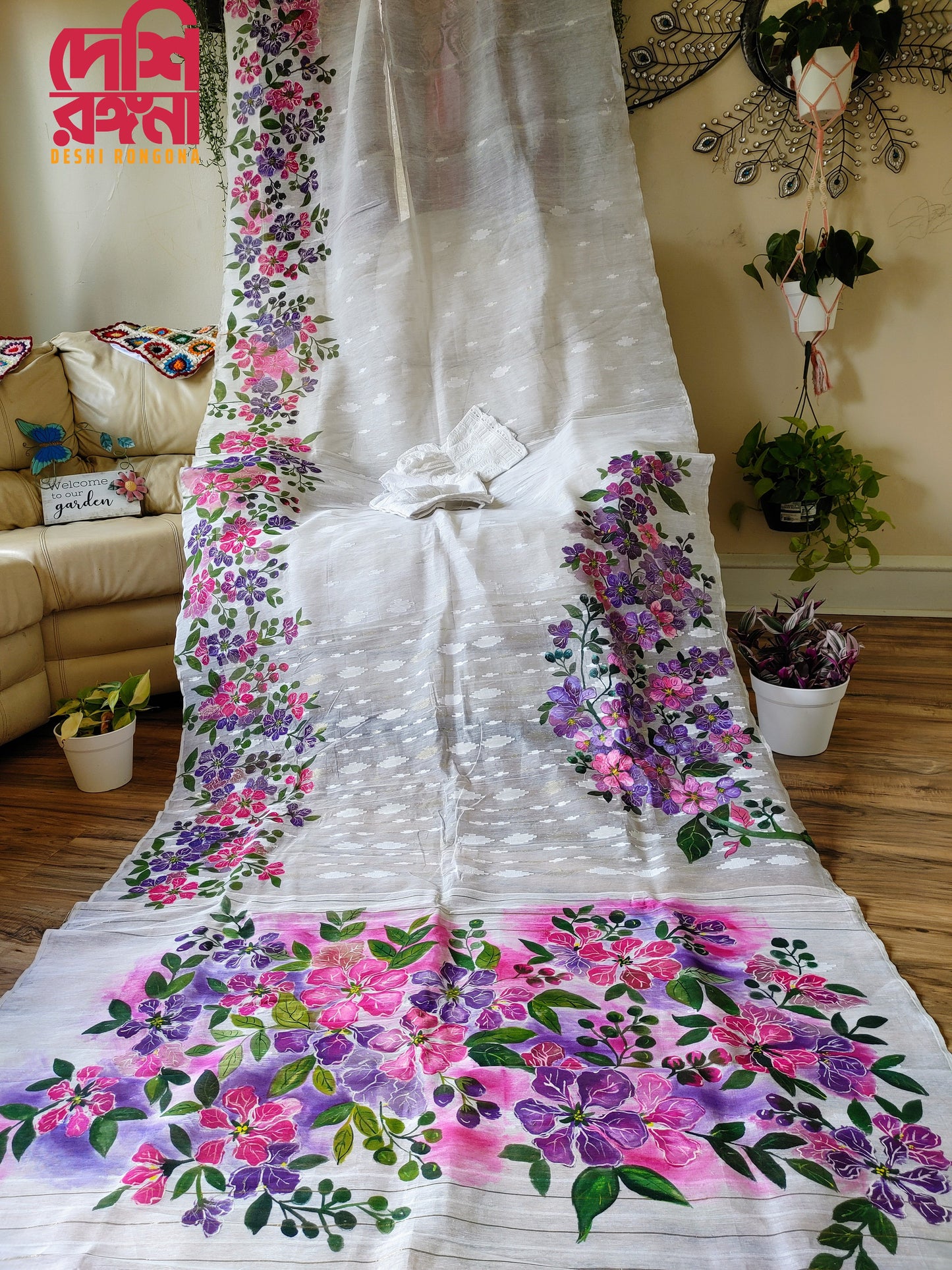Handpainted Jamdani, Original Dhakai Saree | Queens Crepe Myrtle Flower Theme
