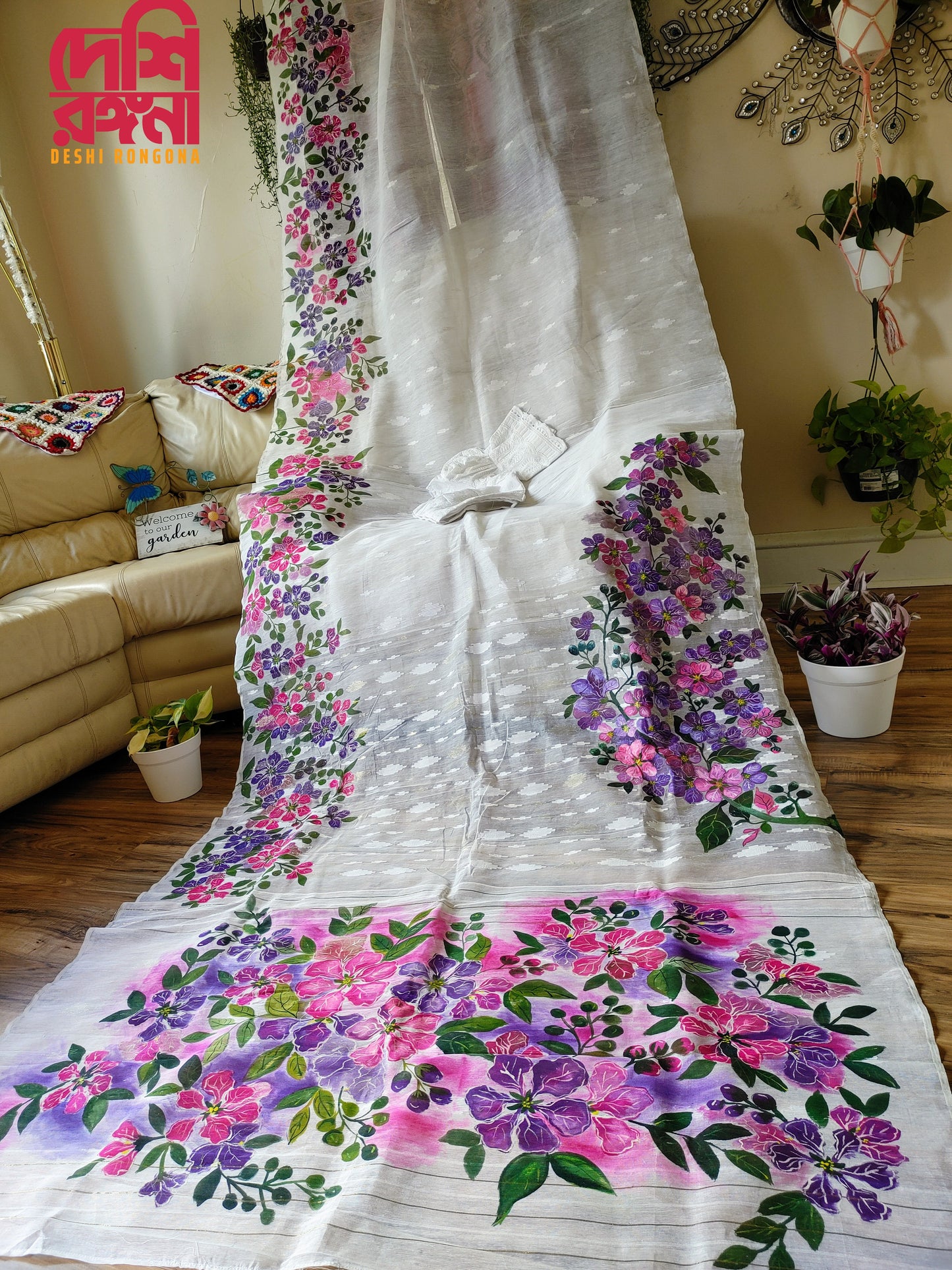Handpainted Jamdani, Original Dhakai Saree | Queens Crepe Myrtle Flower Theme