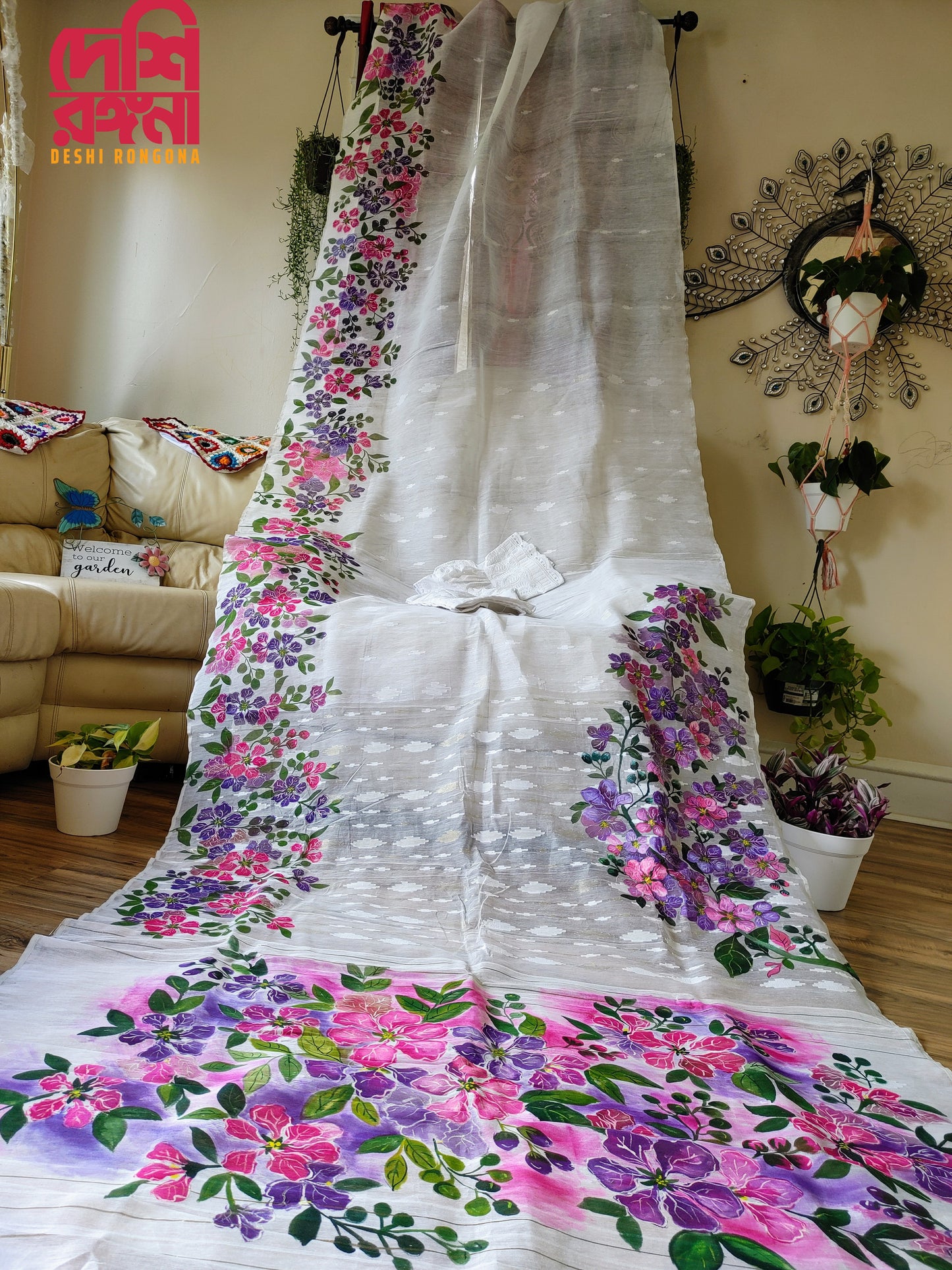 Handpainted Jamdani, Original Dhakai Saree | Queens Crepe Myrtle Flower Theme