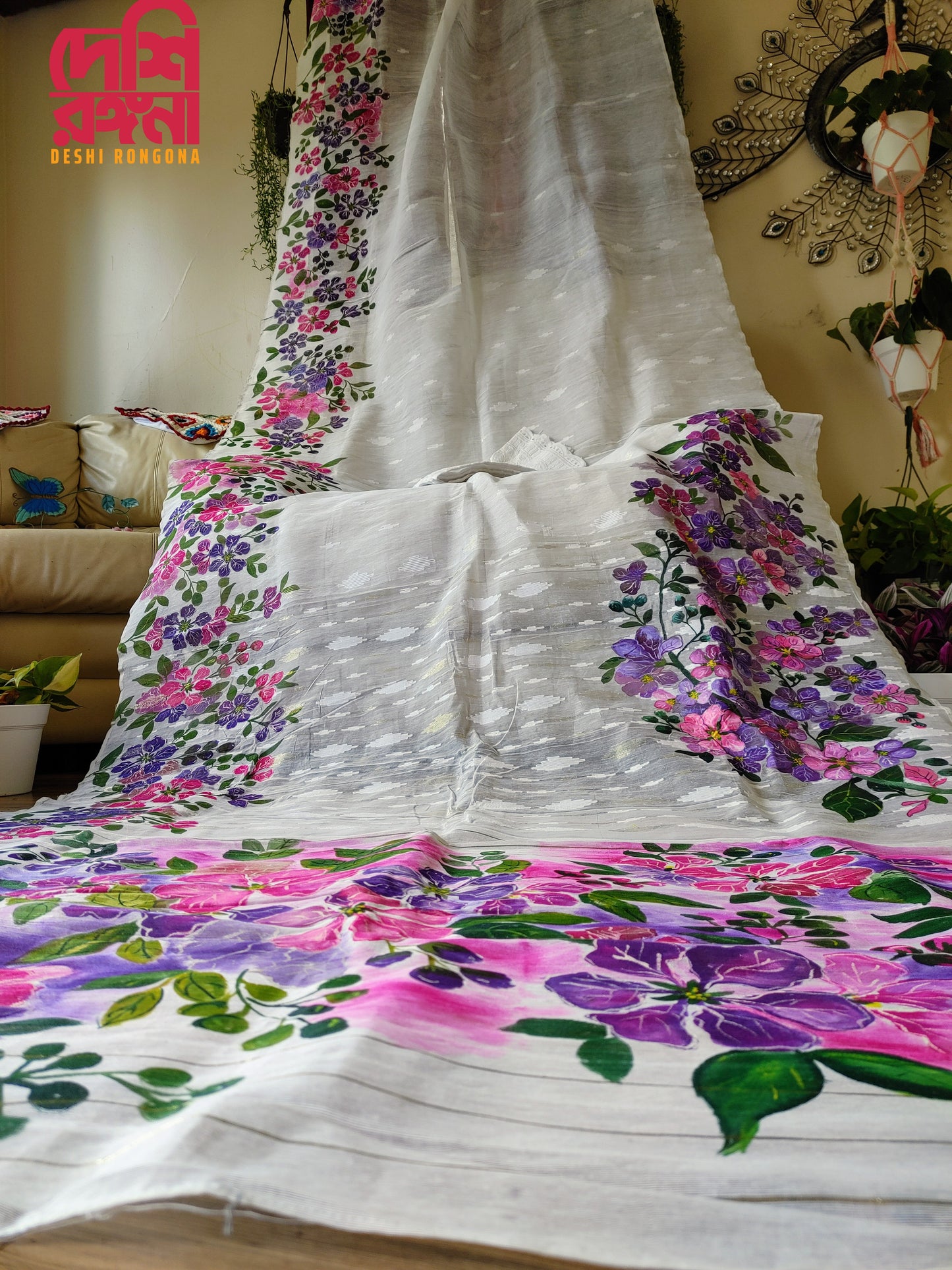 Handpainted Jamdani, Original Dhakai Saree | Queens Crepe Myrtle Flower Theme