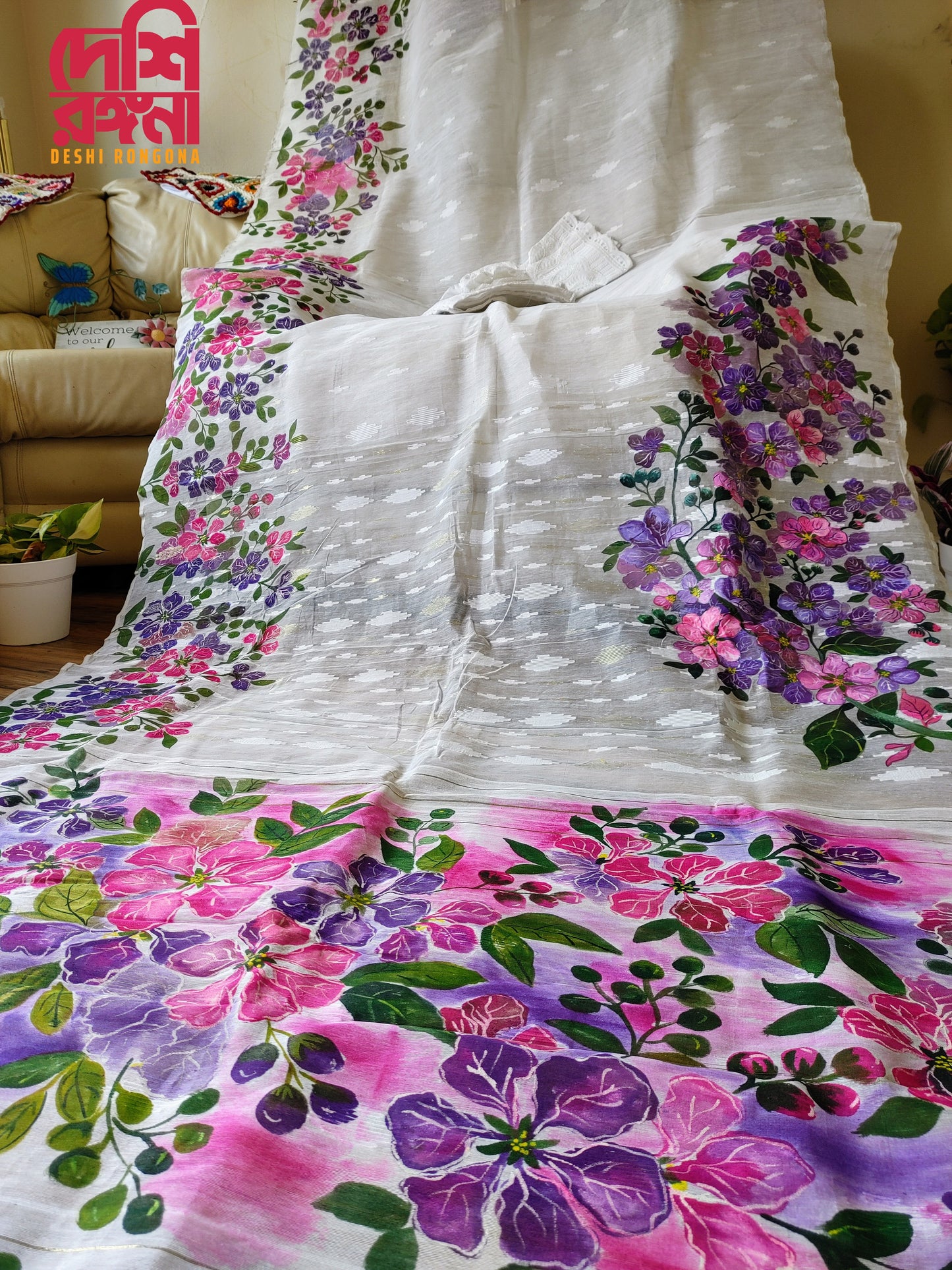 Handpainted Jamdani, Original Dhakai Saree | Queens Crepe Myrtle Flower Theme