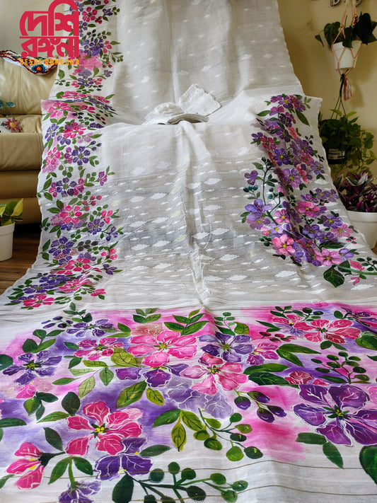 Handpainted Jamdani, Original Dhakai Saree | Queens Crepe Myrtle Flower Theme