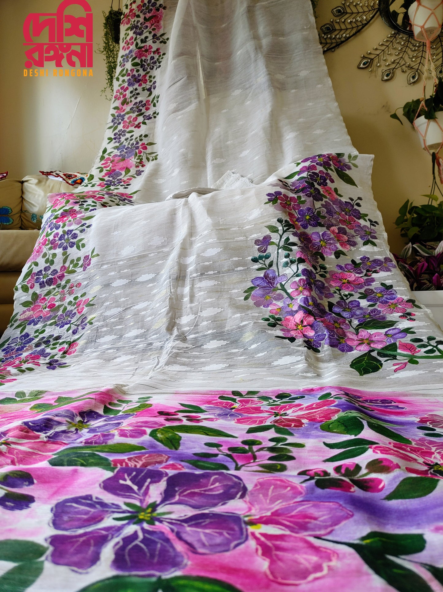 Handpainted Jamdani, Original Dhakai Saree | Queens Crepe Myrtle Flower Theme