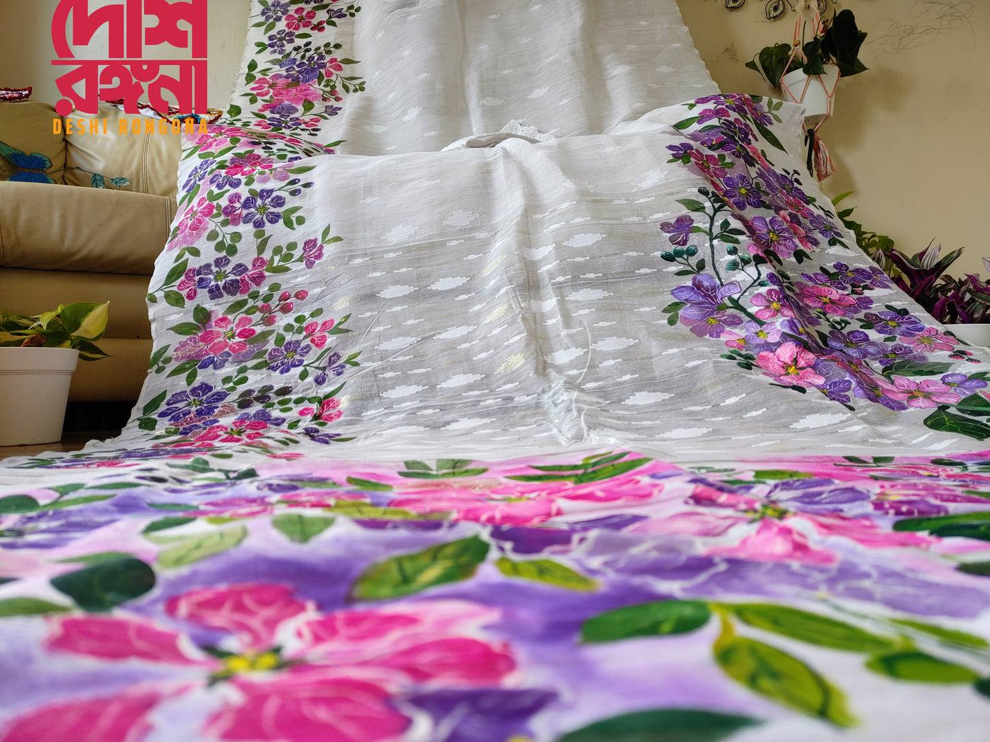Handpainted Jamdani, Original Dhakai Saree | Queens Crepe Myrtle Flower Theme