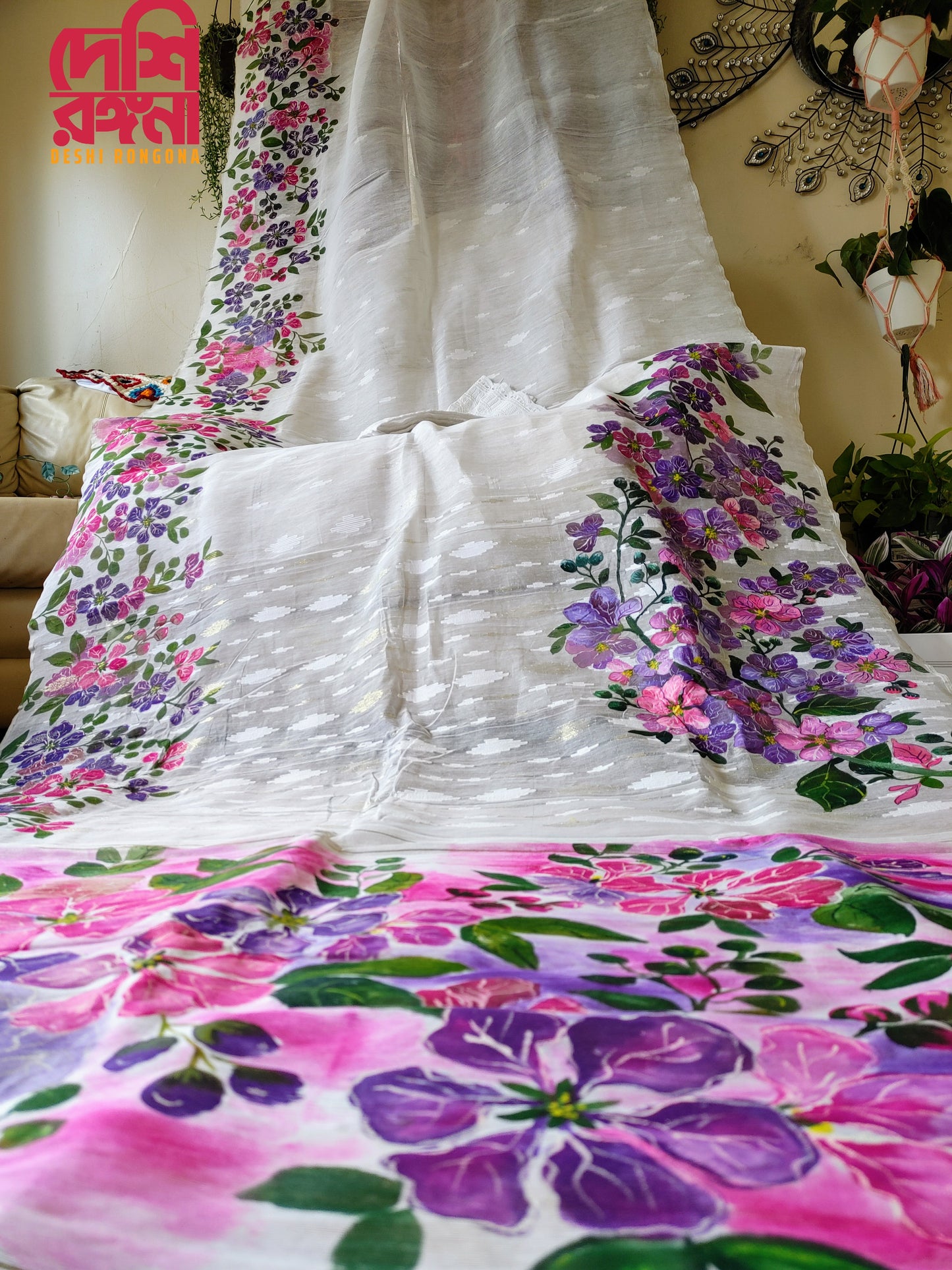 Handpainted Jamdani, Original Dhakai Saree | Queens Crepe Myrtle Flower Theme