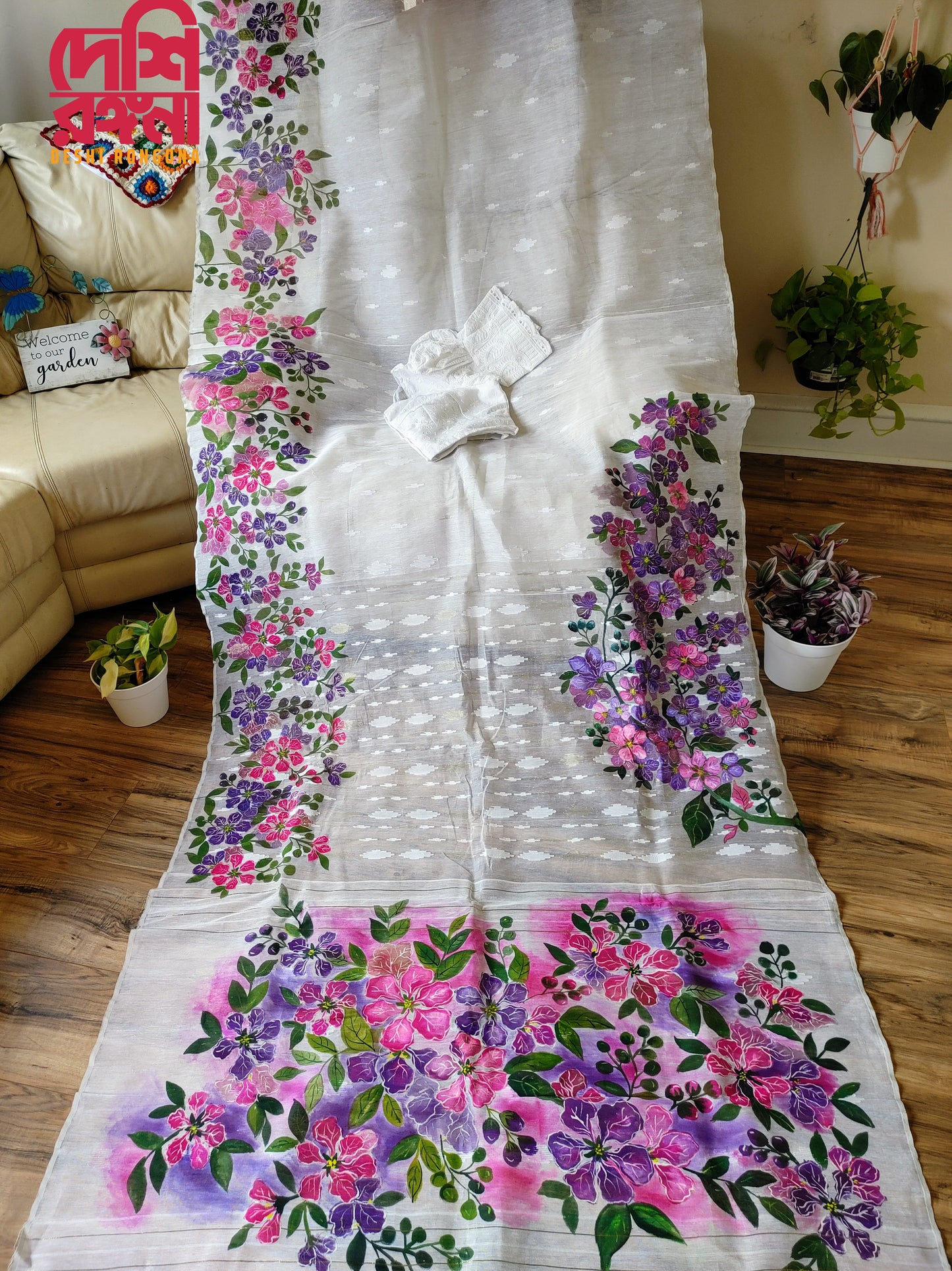 Handpainted Jamdani, Original Dhakai Saree | Queens Crepe Myrtle Flower Theme