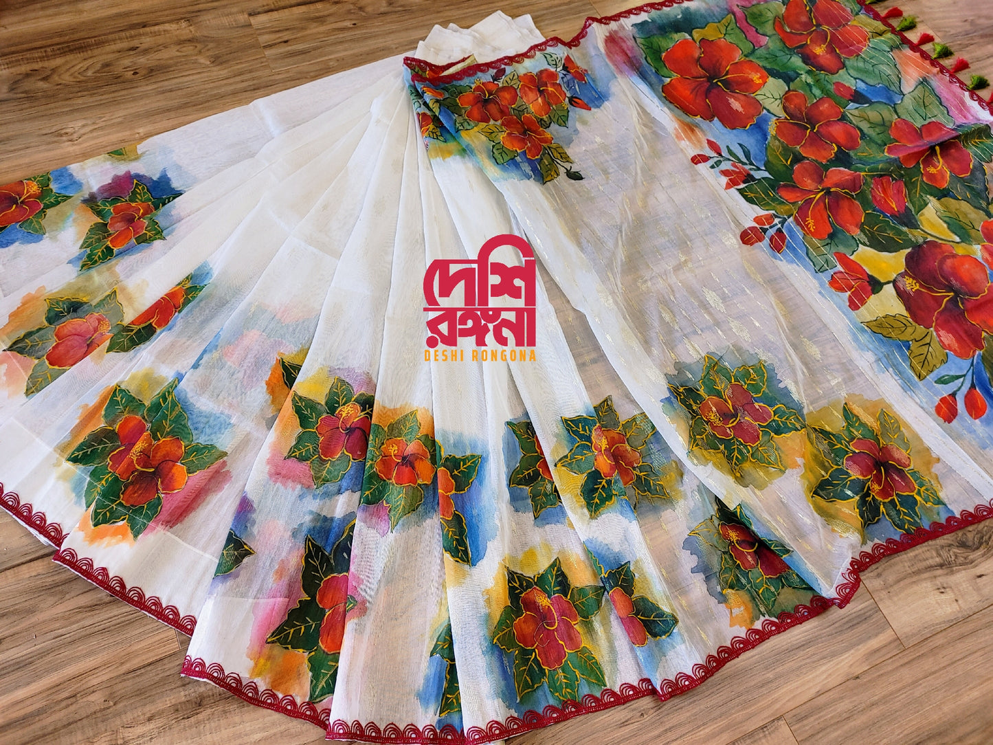 Original Dhakai Jamdani Handpainted, Halfsilk, Multi Red Hibiscus theme Saree