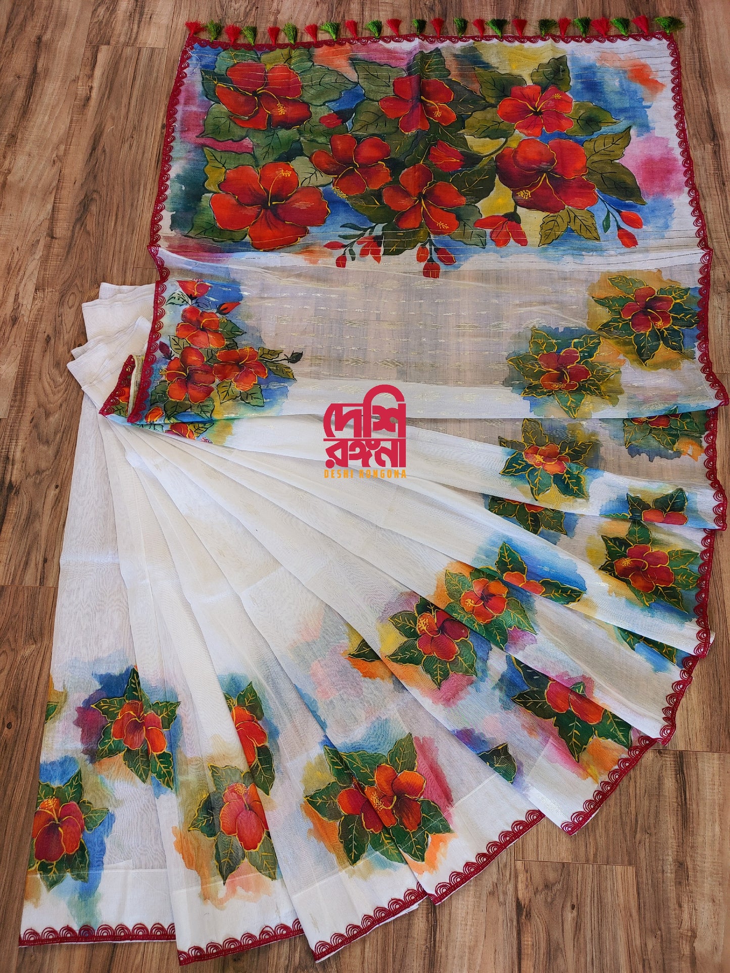 Original Dhakai Jamdani Handpainted, Halfsilk, Multi Red Hibiscus theme Saree