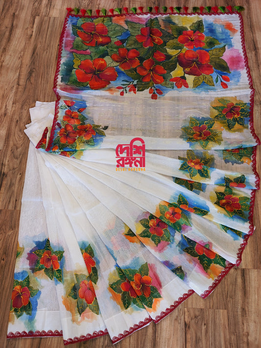 Original Dhakai Jamdani Handpainted, Halfsilk, Red Hibiscus theme Saree