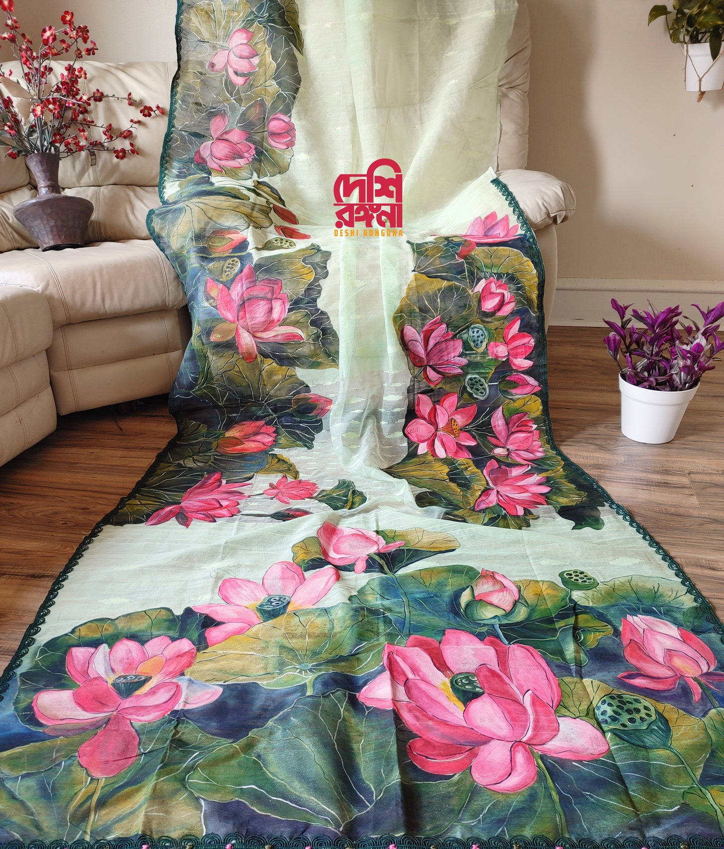 Watercolor – Handpainted Dhakai Jamdani Saree, Lotus theme