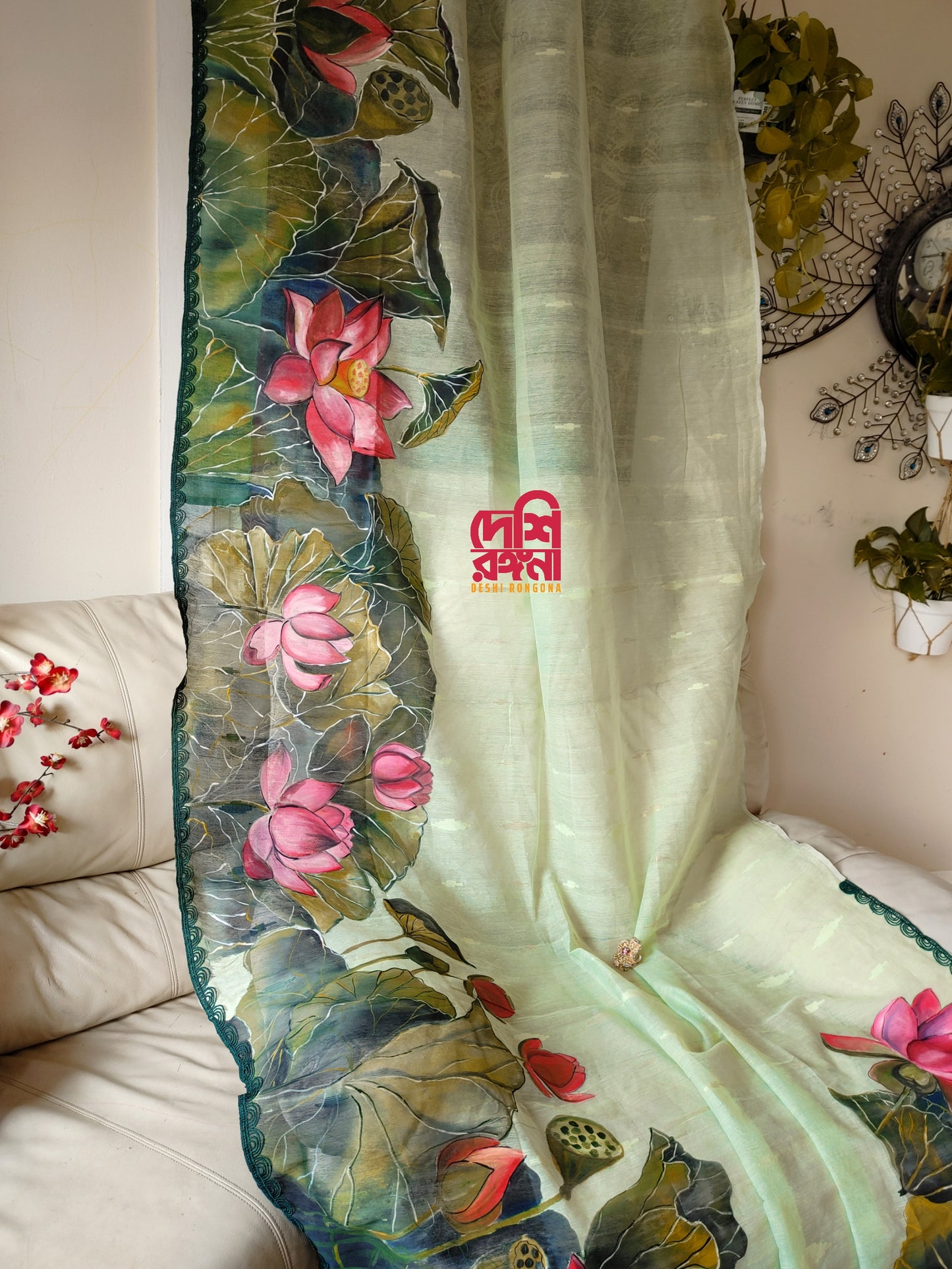 Watercolor – Handpainted Dhakai Jamdani Saree, Lotus theme