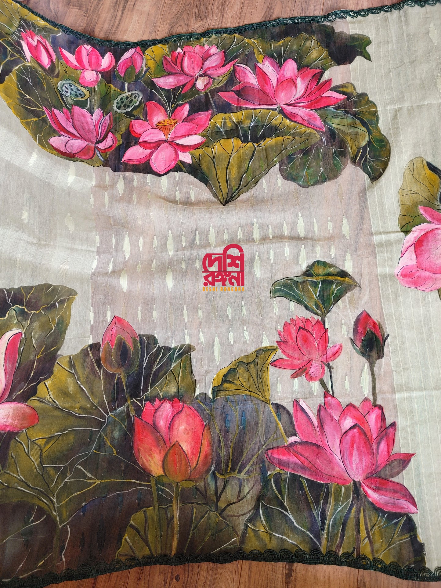 Watercolor – Handpainted Dhakai Jamdani Saree, Lotus theme