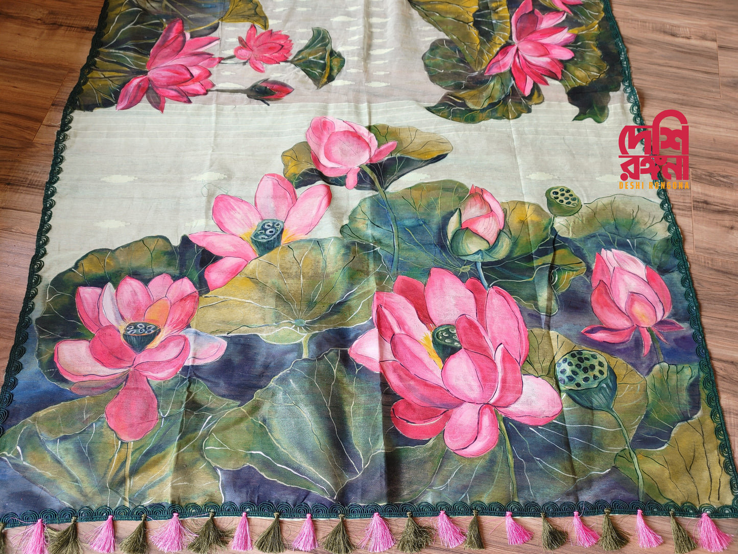 Watercolor – Handpainted Dhakai Jamdani Saree, Lotus theme