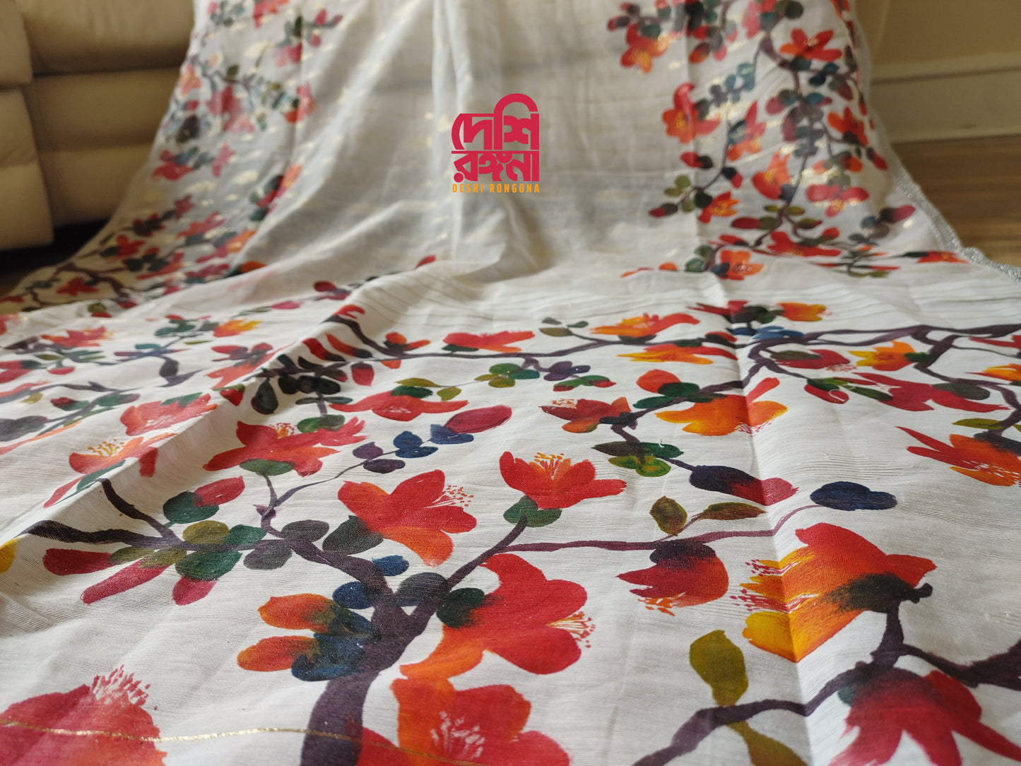 Original Dhakai Jamdani Handpainted, Halfsilk, Red/White Bombax Flower theme Classy Saree