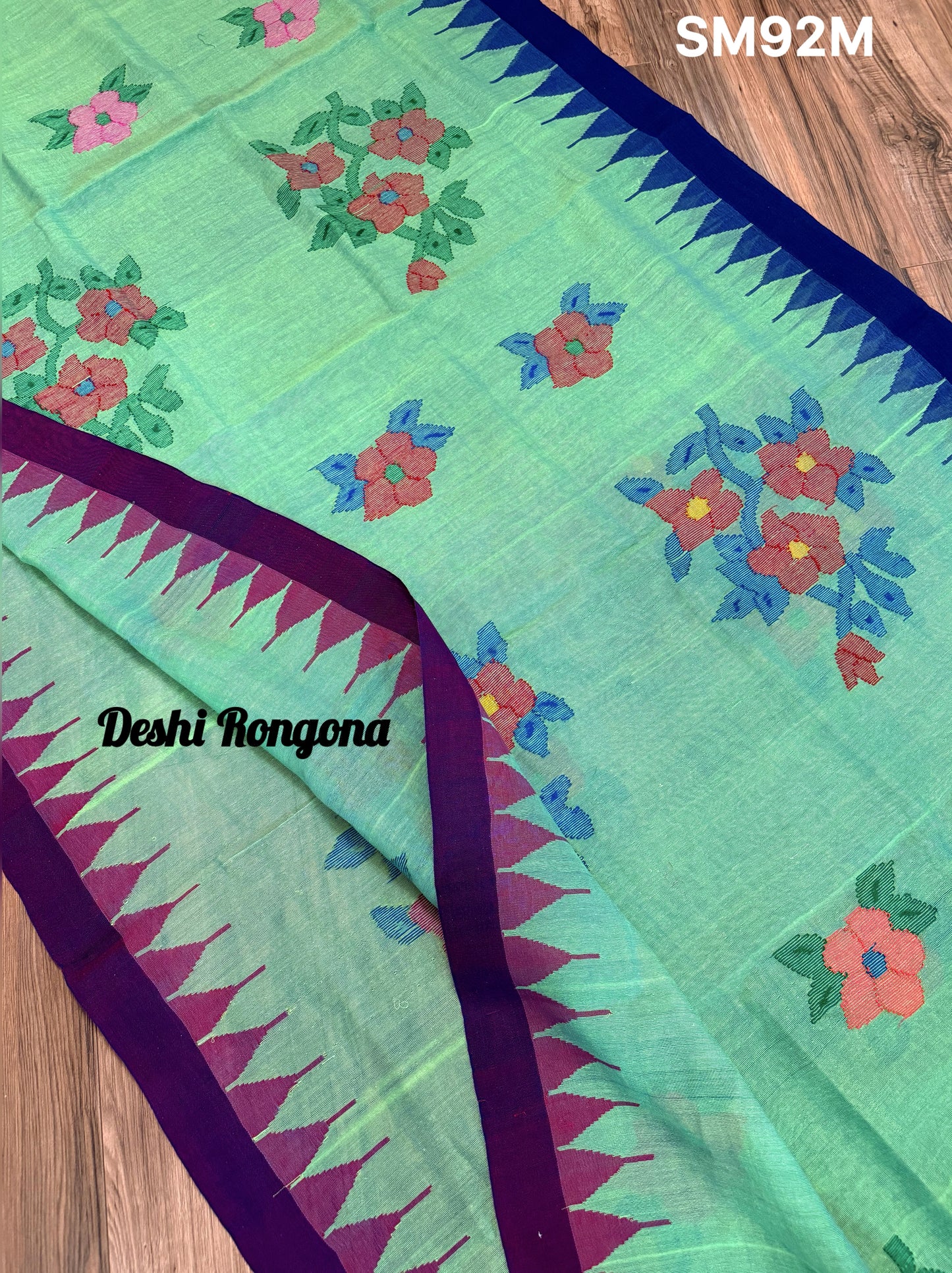 Sylheti Monipuri Saree, Mint with Purple/Blue Border