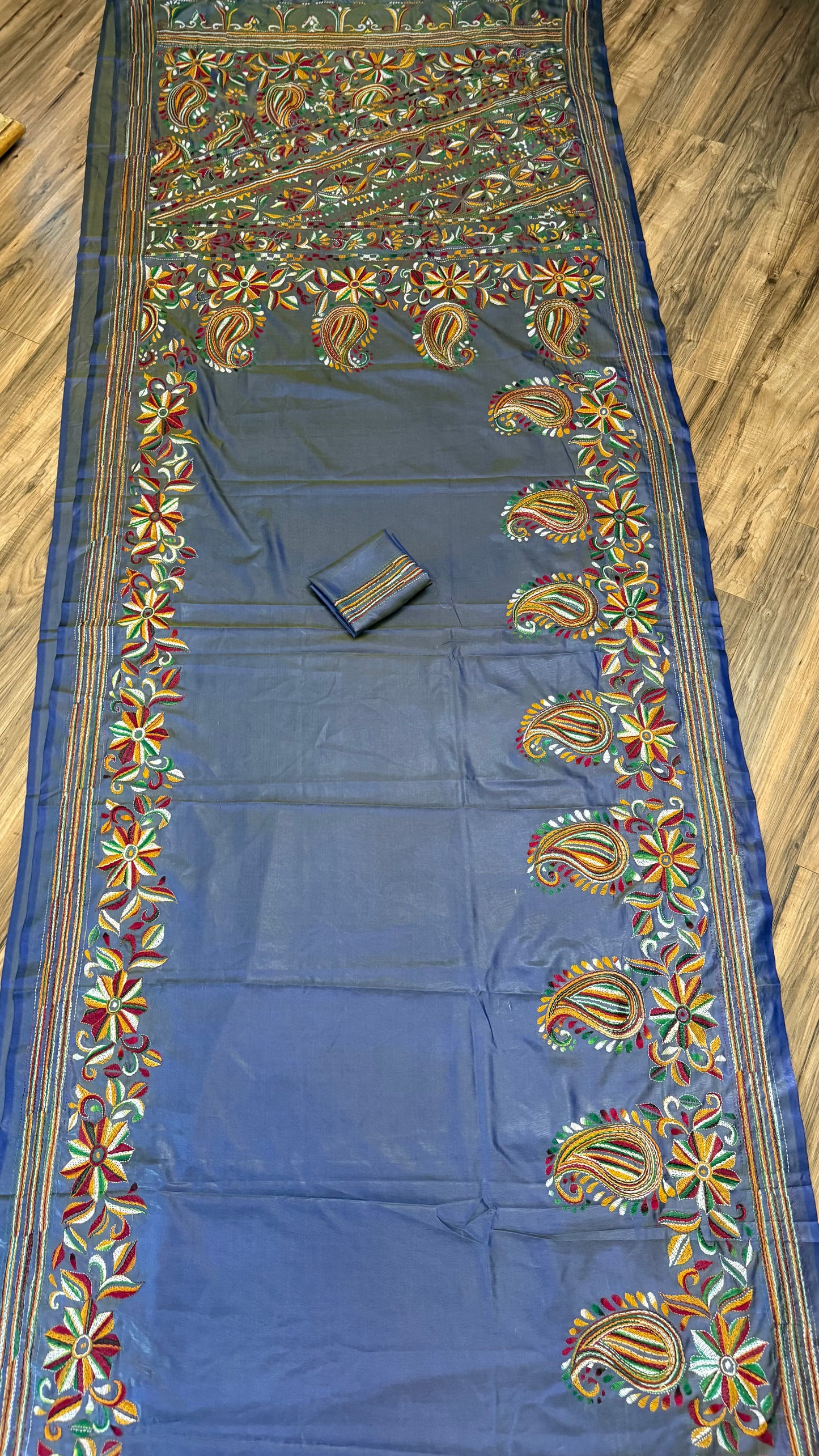 Gray Bangalore Silk Kantha Saree