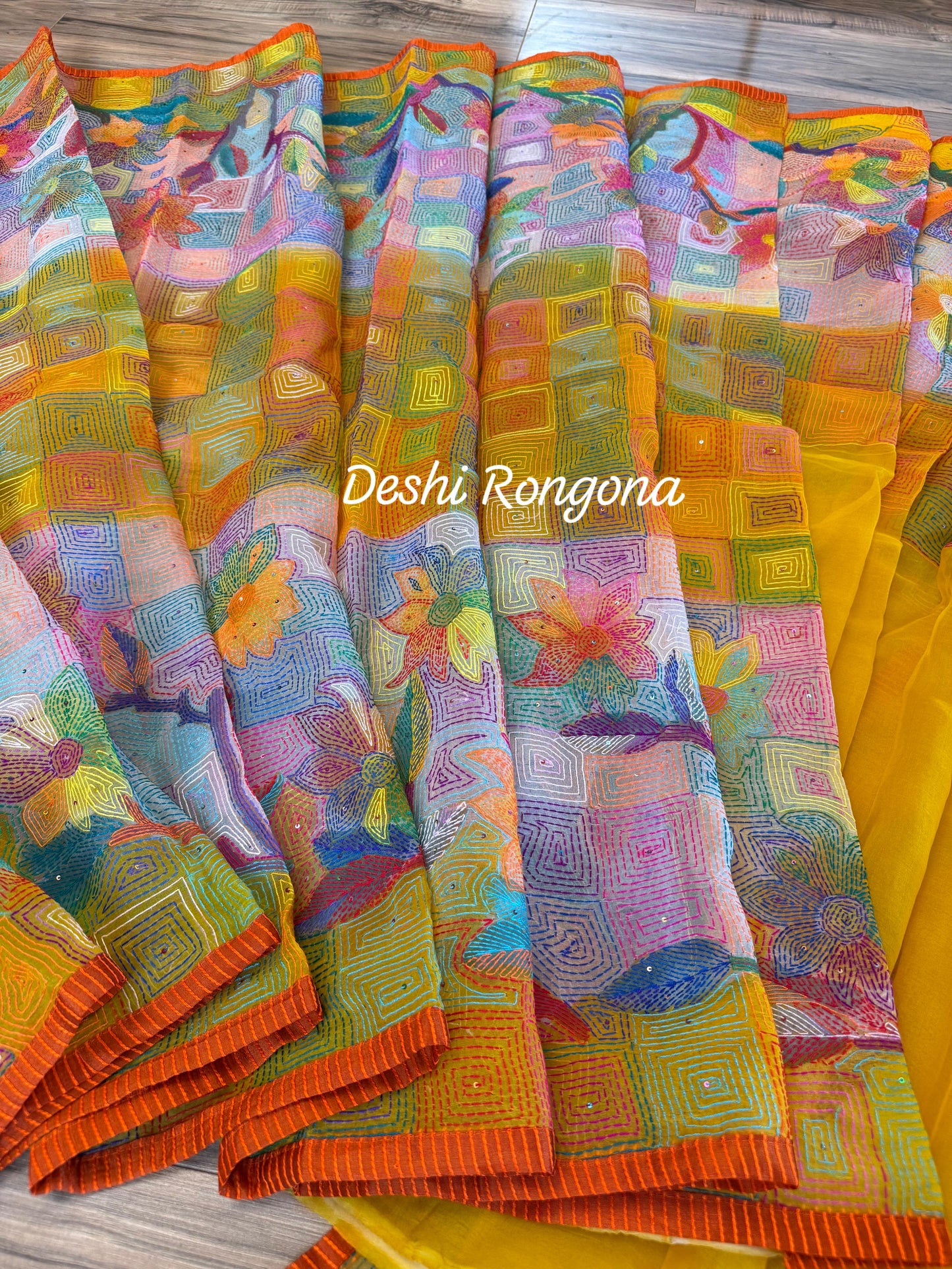 Pure Moslin Saree with Hand kantha and Handpaint