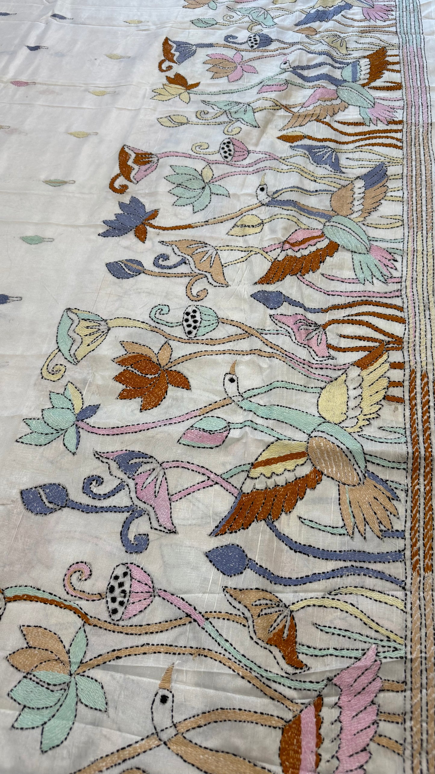 Bangalore Silk Kantha Saree- Heron theme