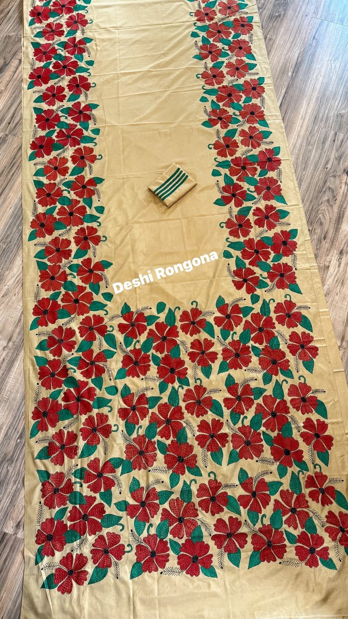 Hand Stiched Silk Kantha Saree, Golden with Red Joba
