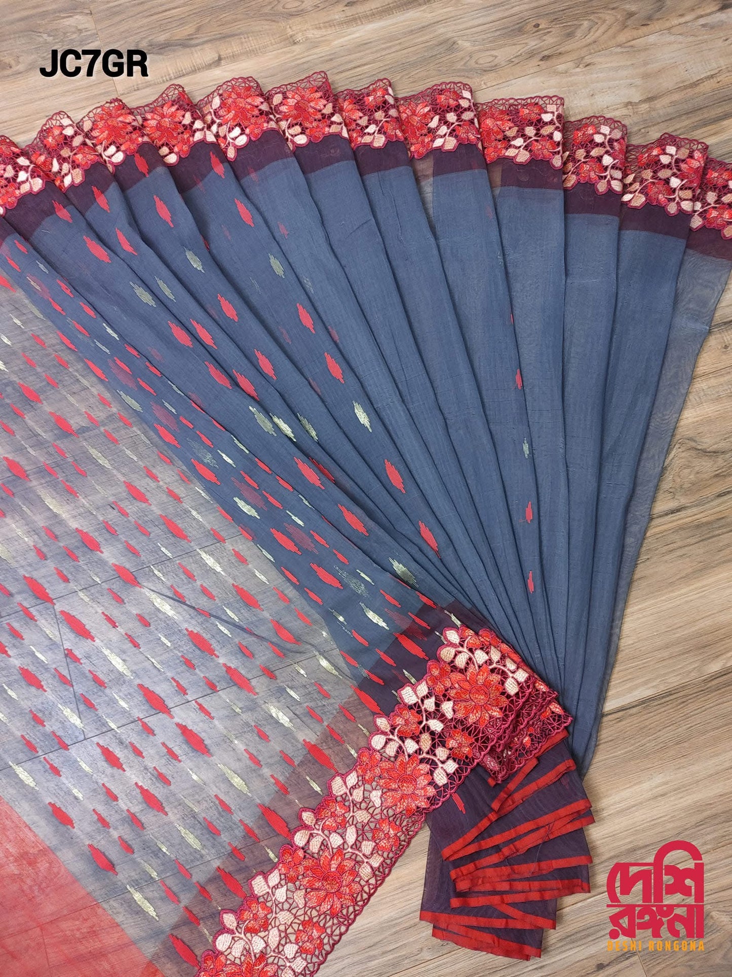 Gray-Red Cutwork Dhakai Jamdani – Halfsilk 64 count