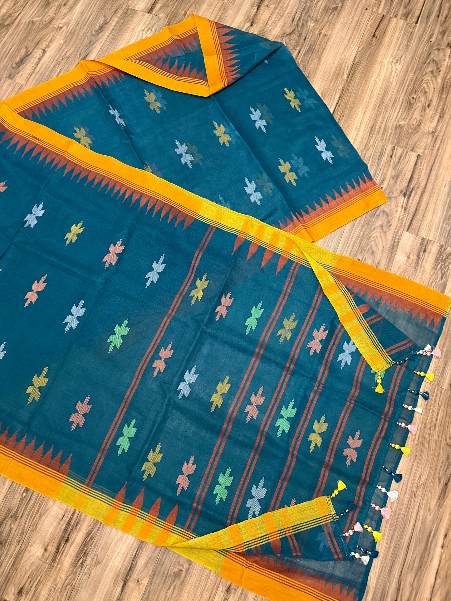 Sylheti Monipuri Handwoven Sea Green Saree with Orange